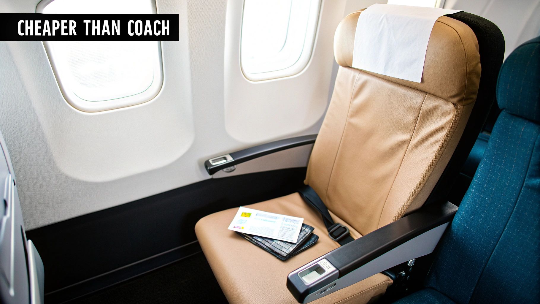 An empty, comfortable beige airplane seat by a window with travel documents on it.