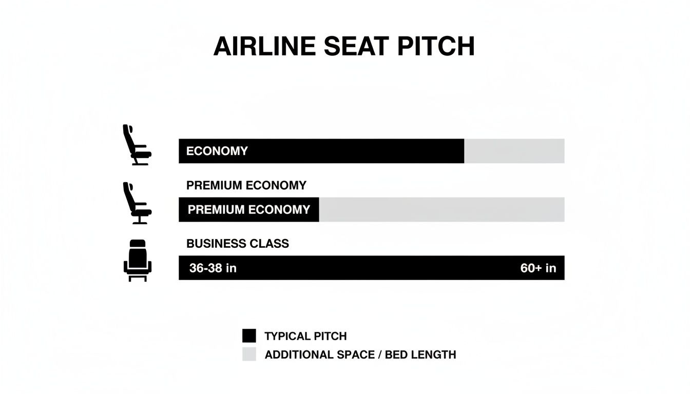 Chart comparing typical airline seat pitch and bed length for economy, premium economy, and business class flights.