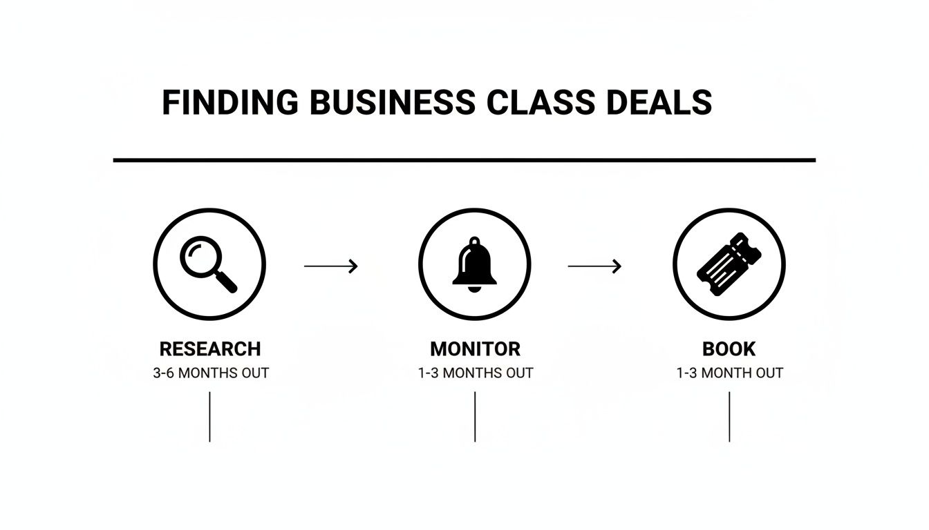 Flowchart showing three steps to finding business class deals: Research, Monitor, and Book, with timelines.
