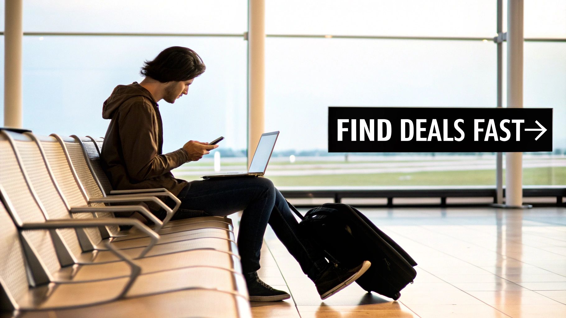 A man sits at an airport gate, using his phone and laptop, next to a 'FIND DEALS FAST' sign.