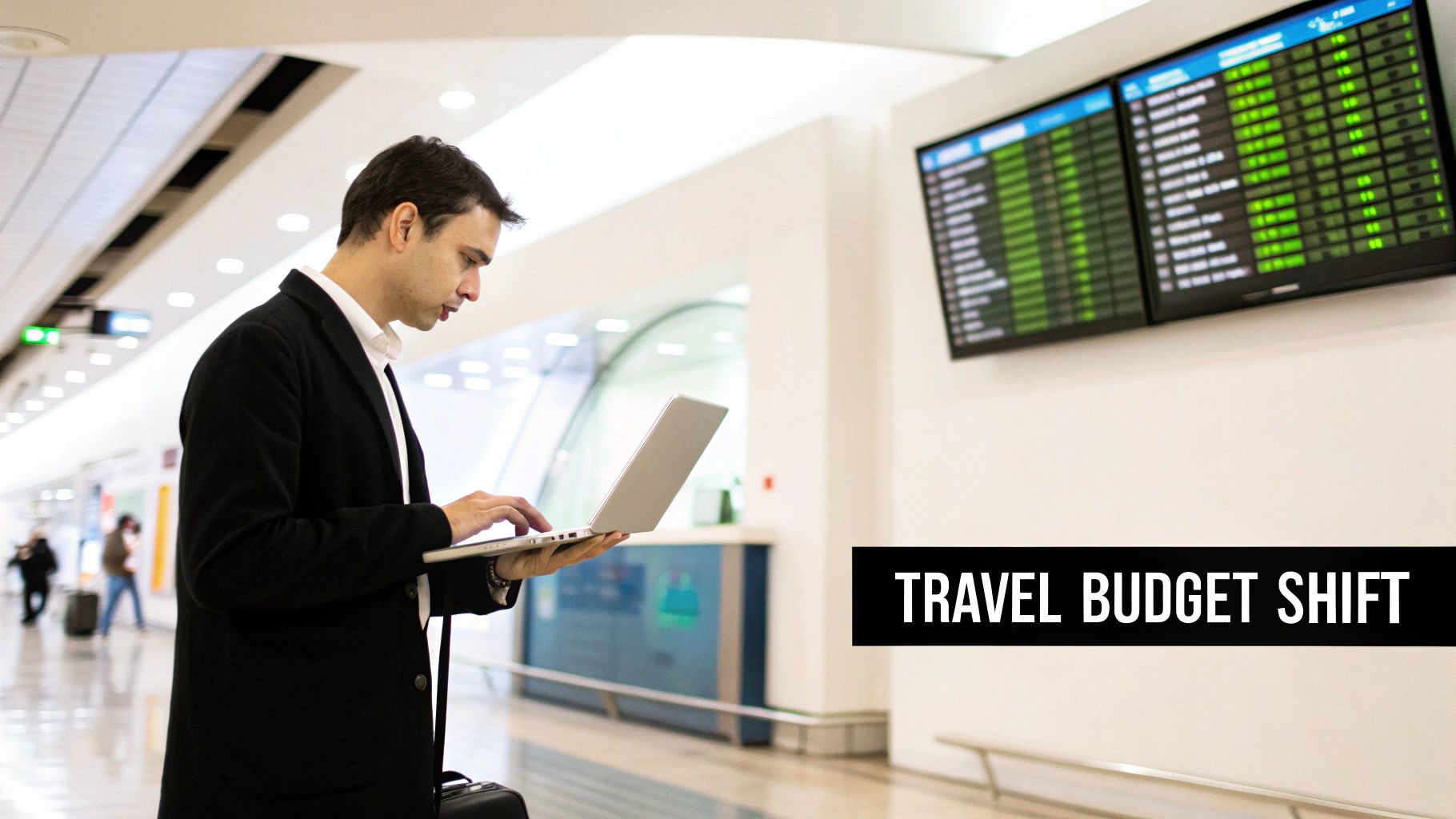 A professional man works on a laptop in an airport terminal, with blurred flight information screens in the background.