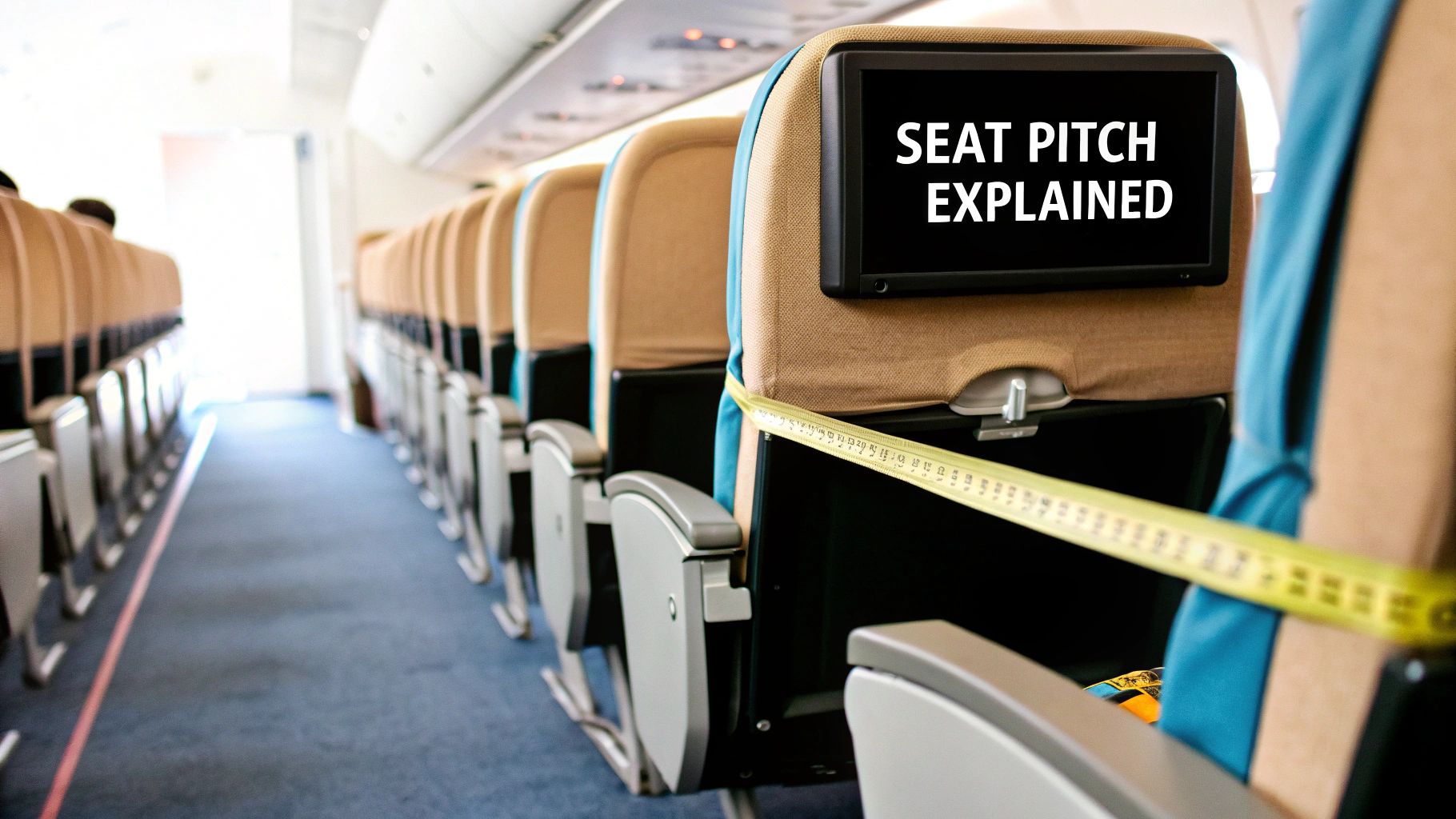 An airline cabin showing rows of seats and a measuring tape demonstrating seat pitch with on-screen explanation.