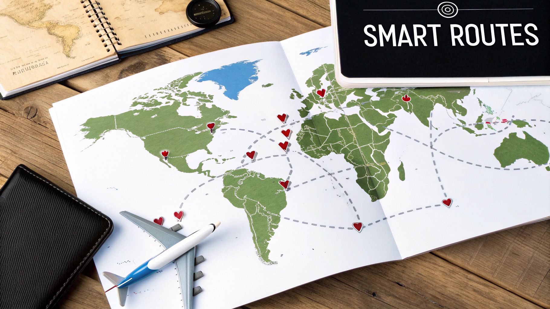Overhead view of a world map with heart pins, dotted routes, a toy airplane, and travel accessories.