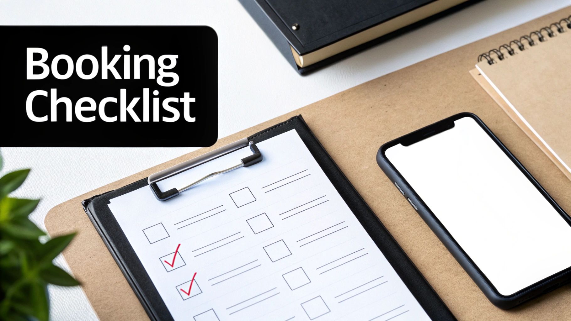 A 'Booking Checklist' sign with a clipboard showing two checked boxes, a smartphone, and office supplies.