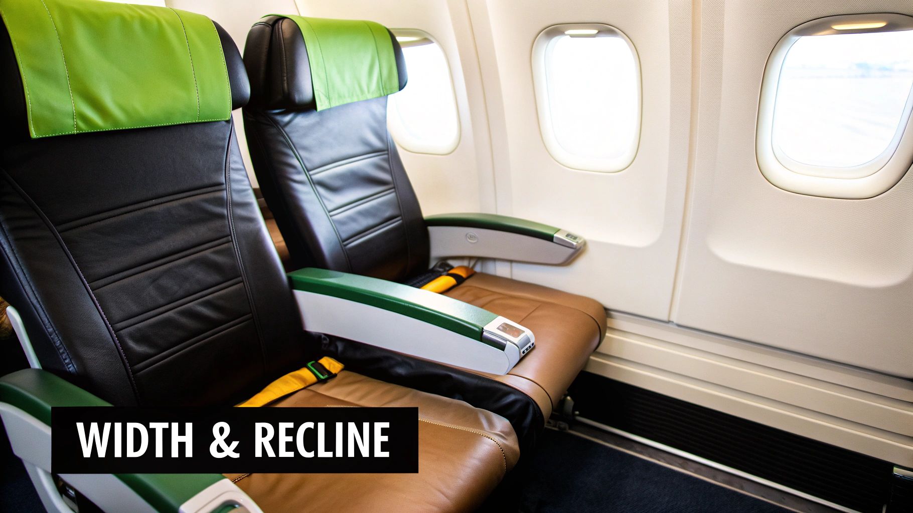 Two airplane seats with black and brown upholstery and green headrests, next to bright windows.