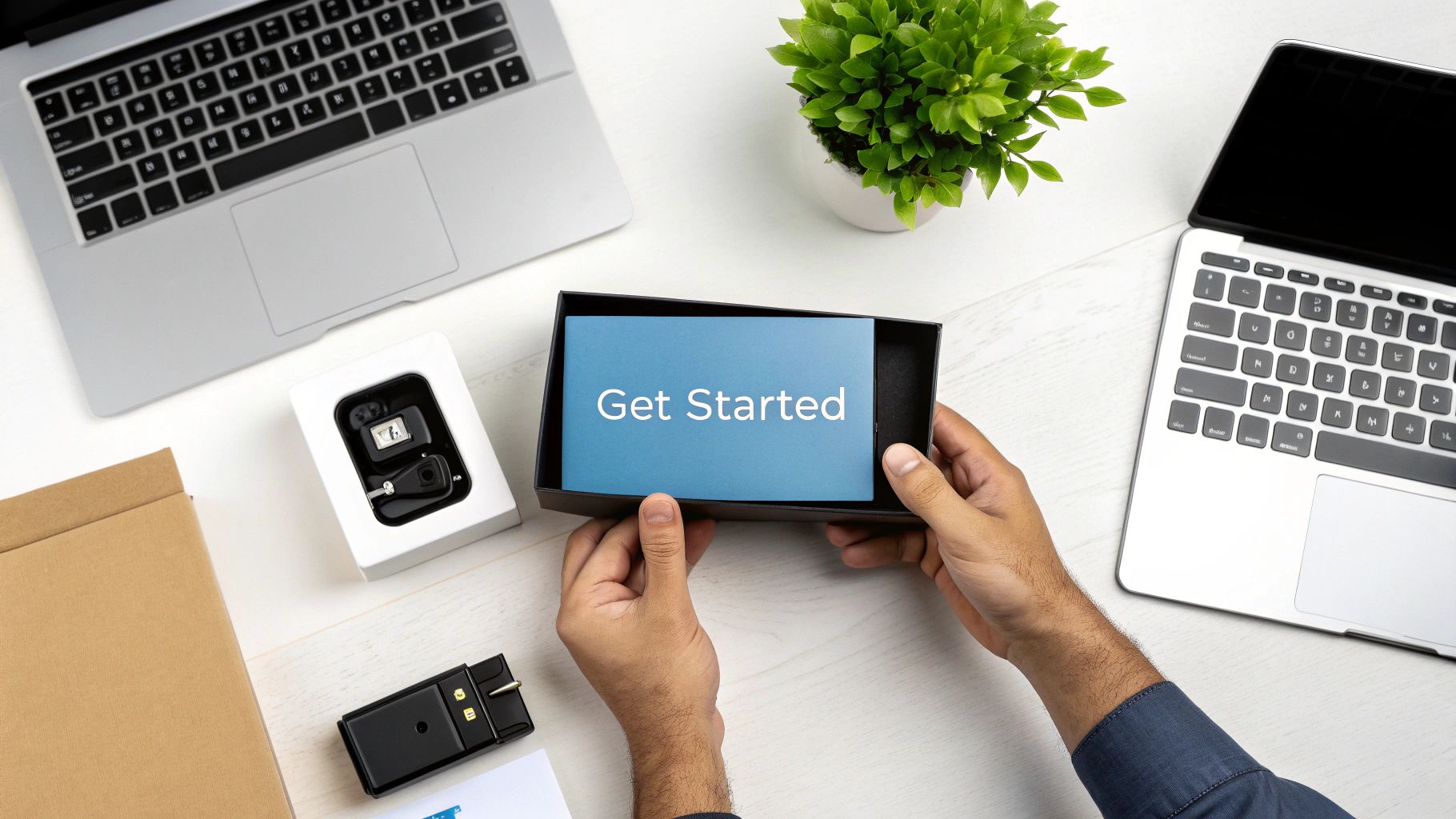 Overhead view of hands holding a 'Get Started' card on a white desk with laptops and technology products.