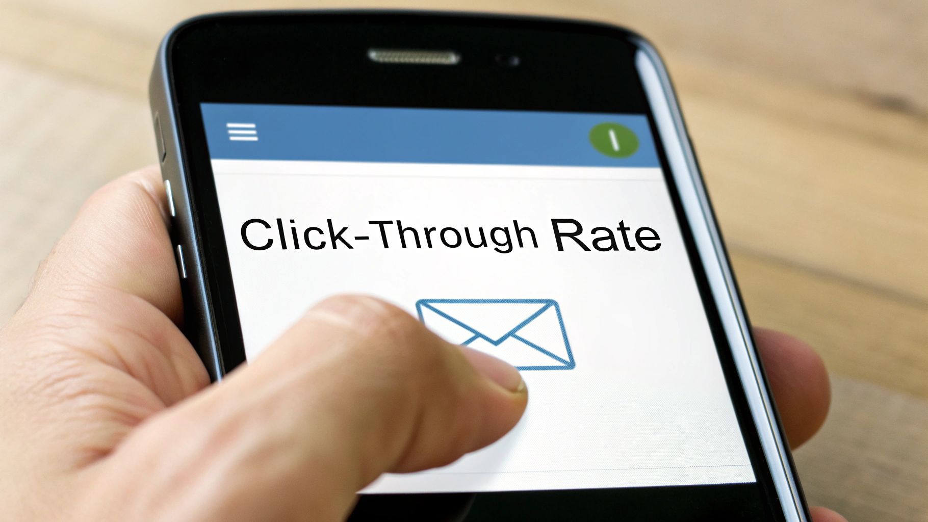 A hand taps an email icon on a smartphone screen displaying 'Click-Through Rate'.