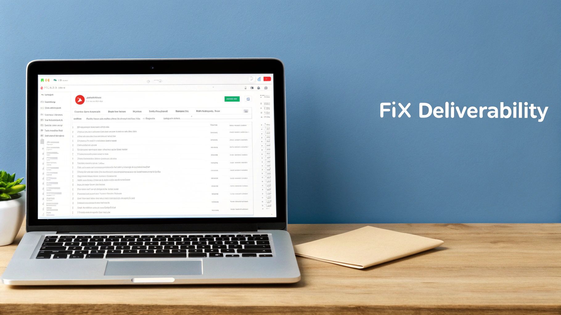A laptop on a wooden desk displays email deliverability performance metrics against a blue wall.