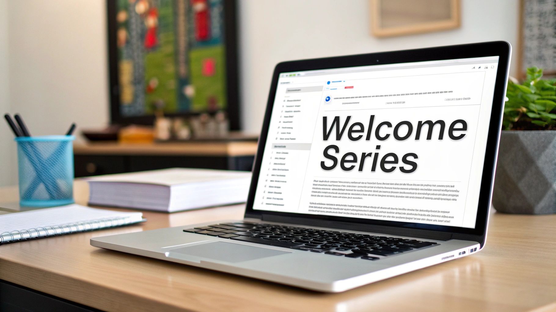 A laptop displaying "Welcome Series" on its screen, surrounded by office supplies on a wooden desk.