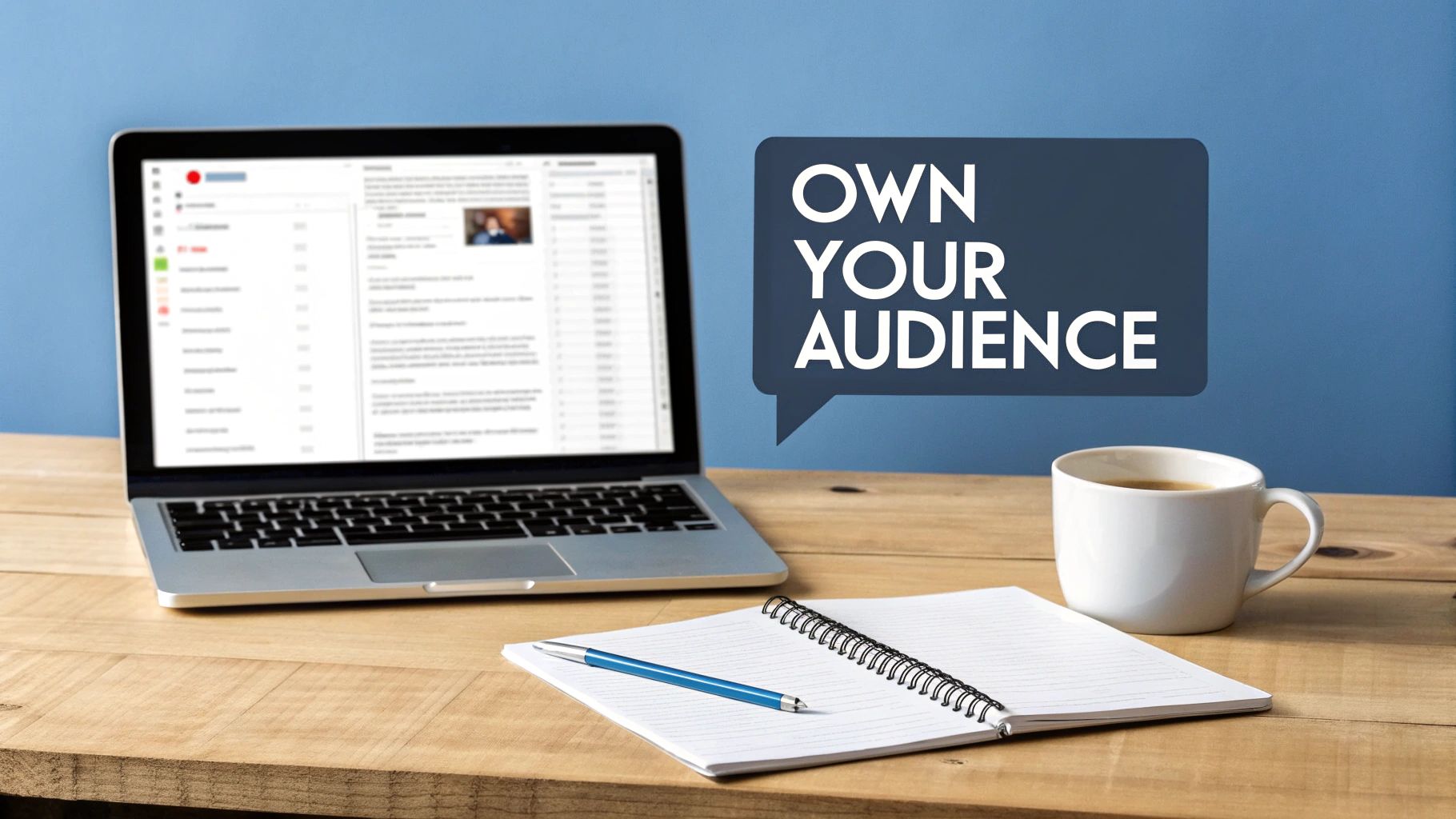 A desk with a laptop displaying an email inbox, a coffee cup, a notebook, and a pen, with a speech bubble reading 'OWN YOUR AUDIENCE'.