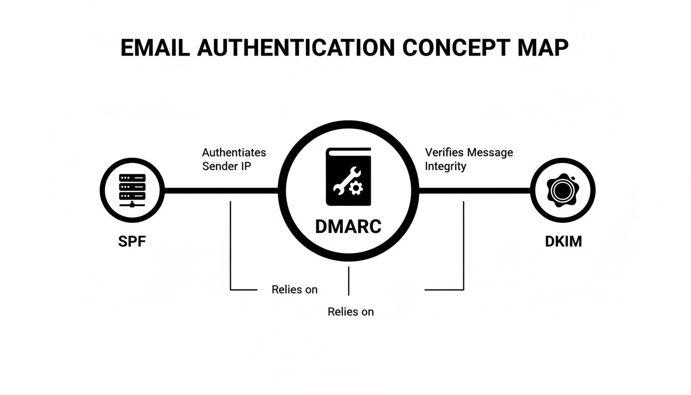 Email authentication concept map illustrating DMARC's reliance on SPF and DKIM for security.