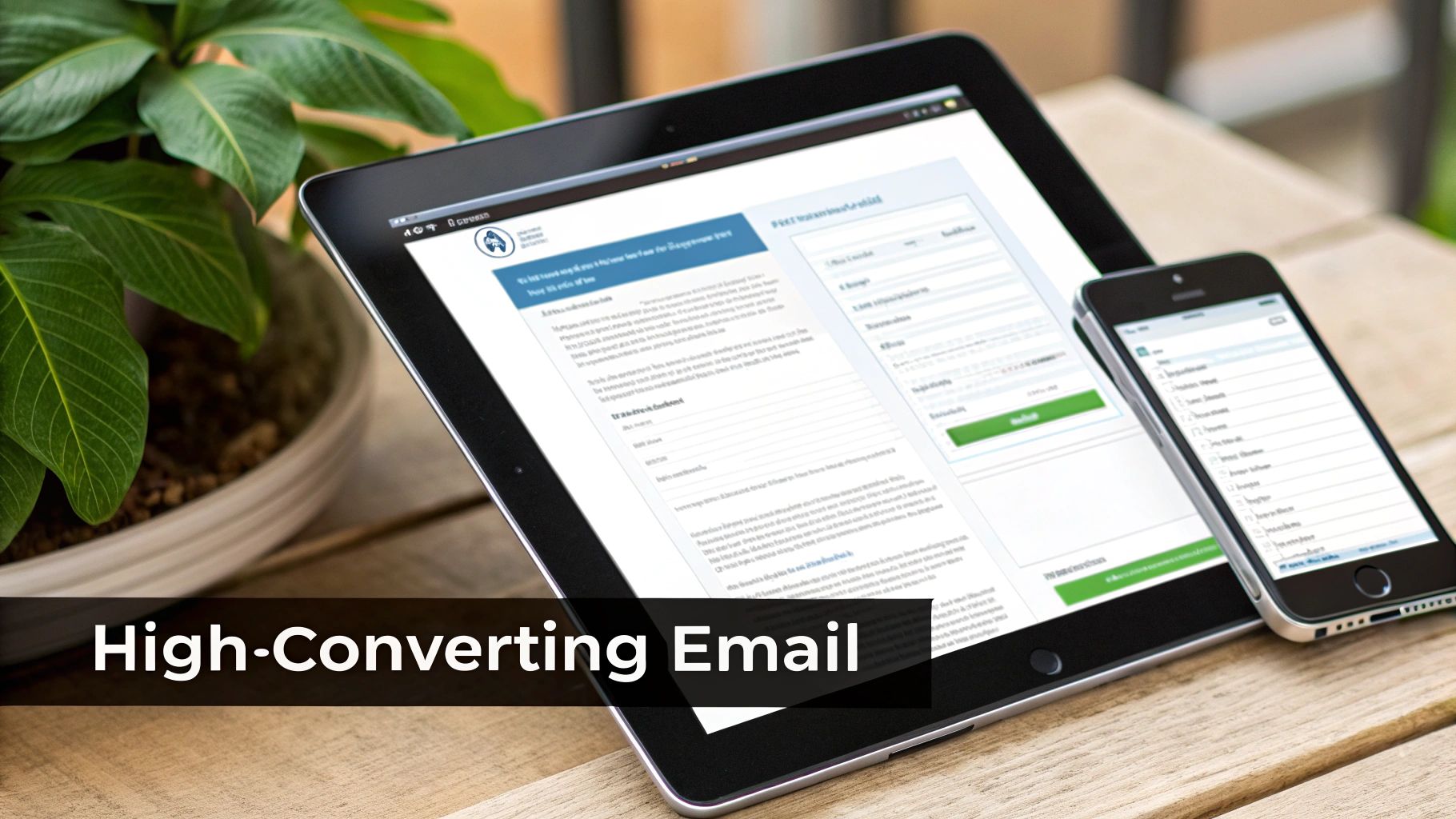 A tablet and smartphone display a website on a wooden table, suggesting a high-converting email.