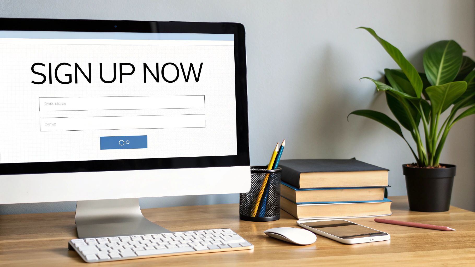 A computer screen displays 'SIGN UP NOW' with login fields on a wooden desk with office supplies.