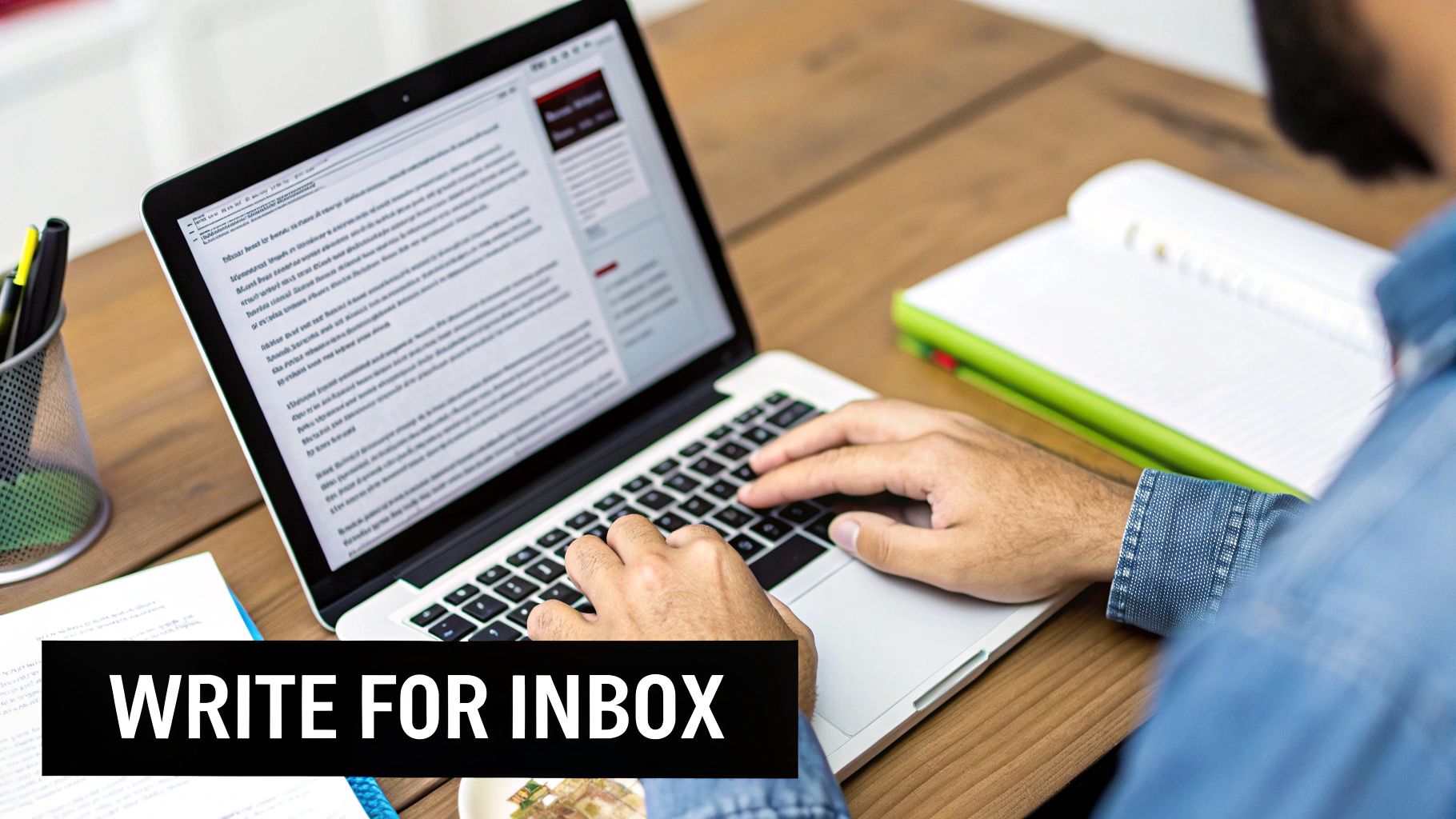 A person is typing on a silver laptop with a green notebook and pens on a wooden desk.