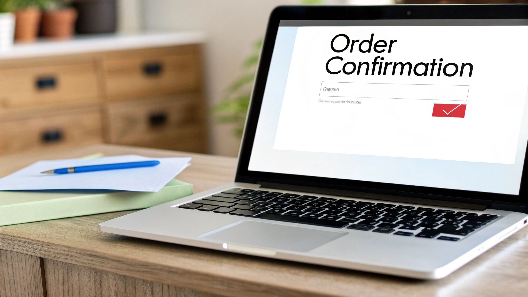 Laptop displaying order confirmation page with check button on wooden desk workspace