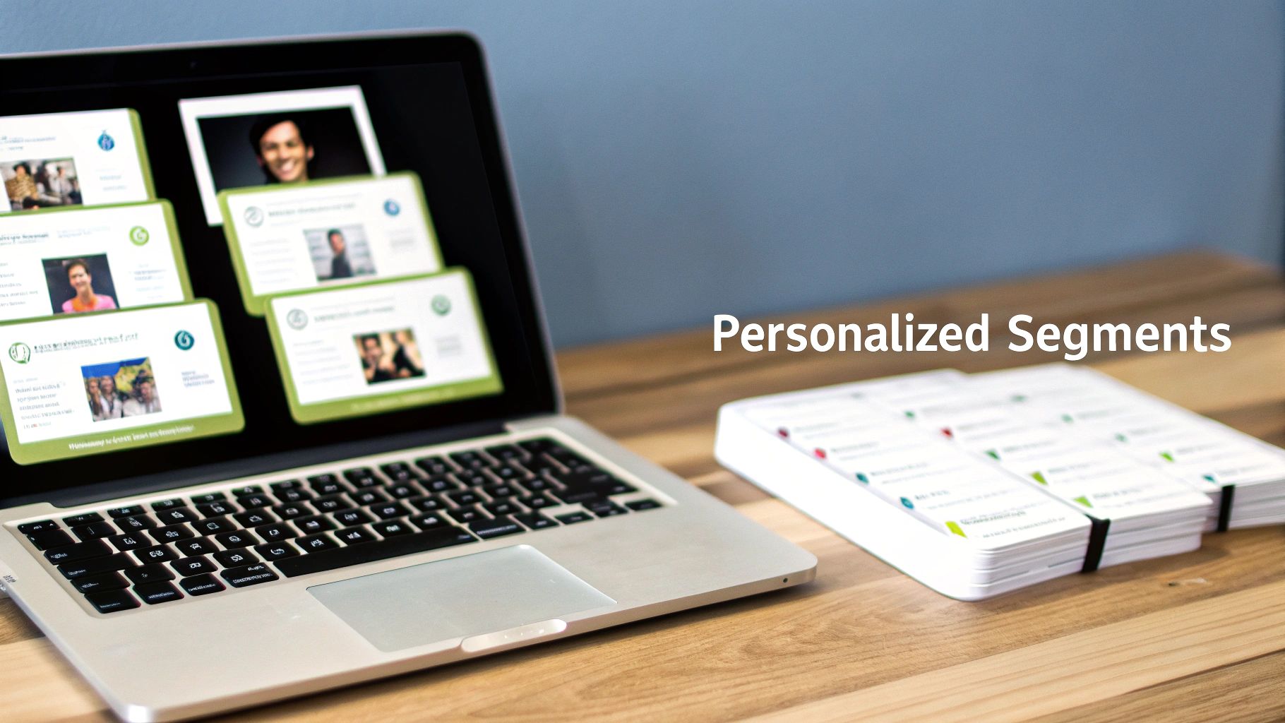 Laptop displaying personalized email newsletter segments with business cards on wooden desk