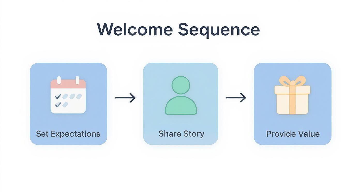 A welcome sequence diagram showing three steps: Set Expectations, Share Story, and Provide Value.