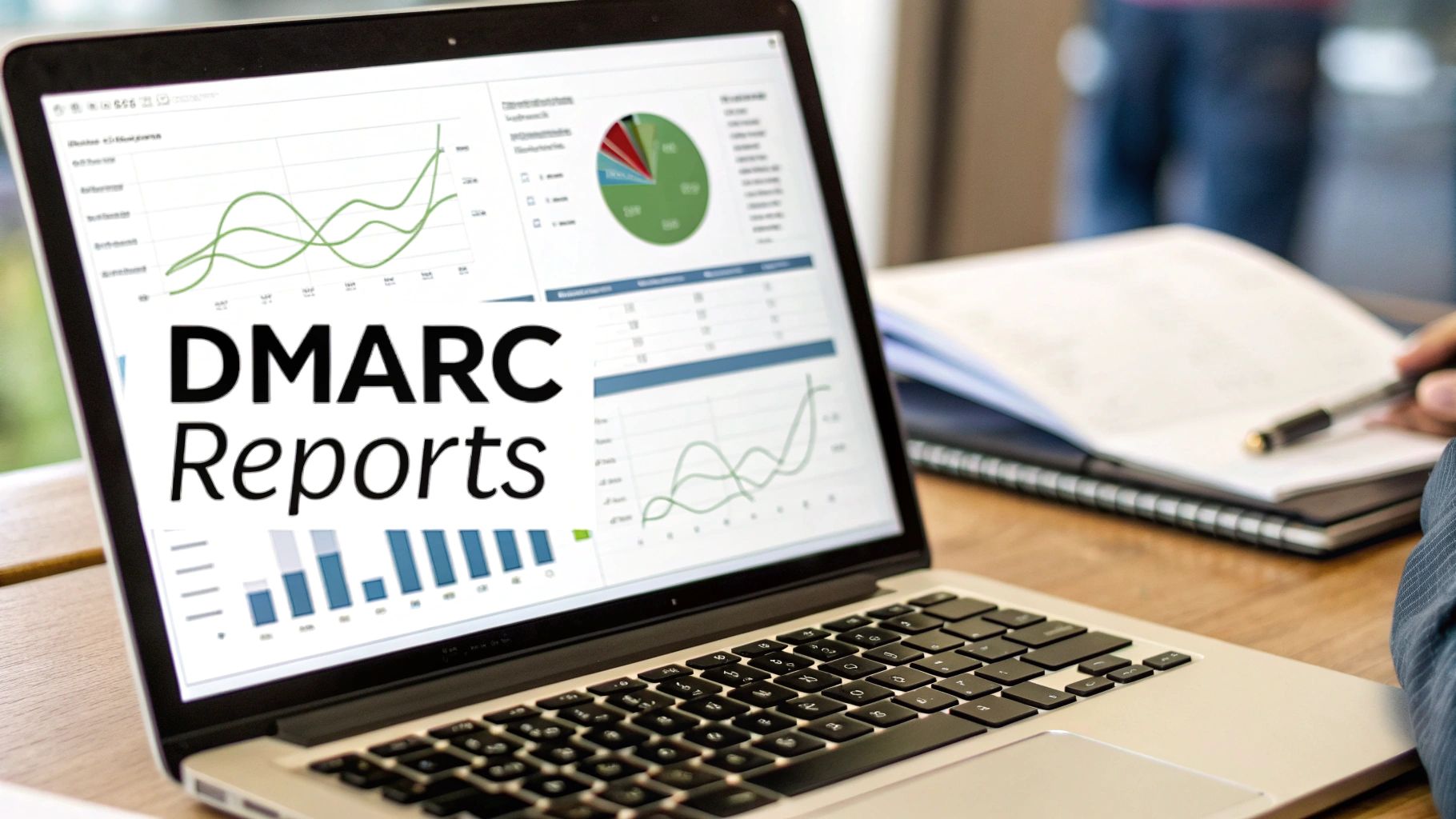 Laptop screen displays DMARC reports with various data charts and graphs, next to a person taking notes.