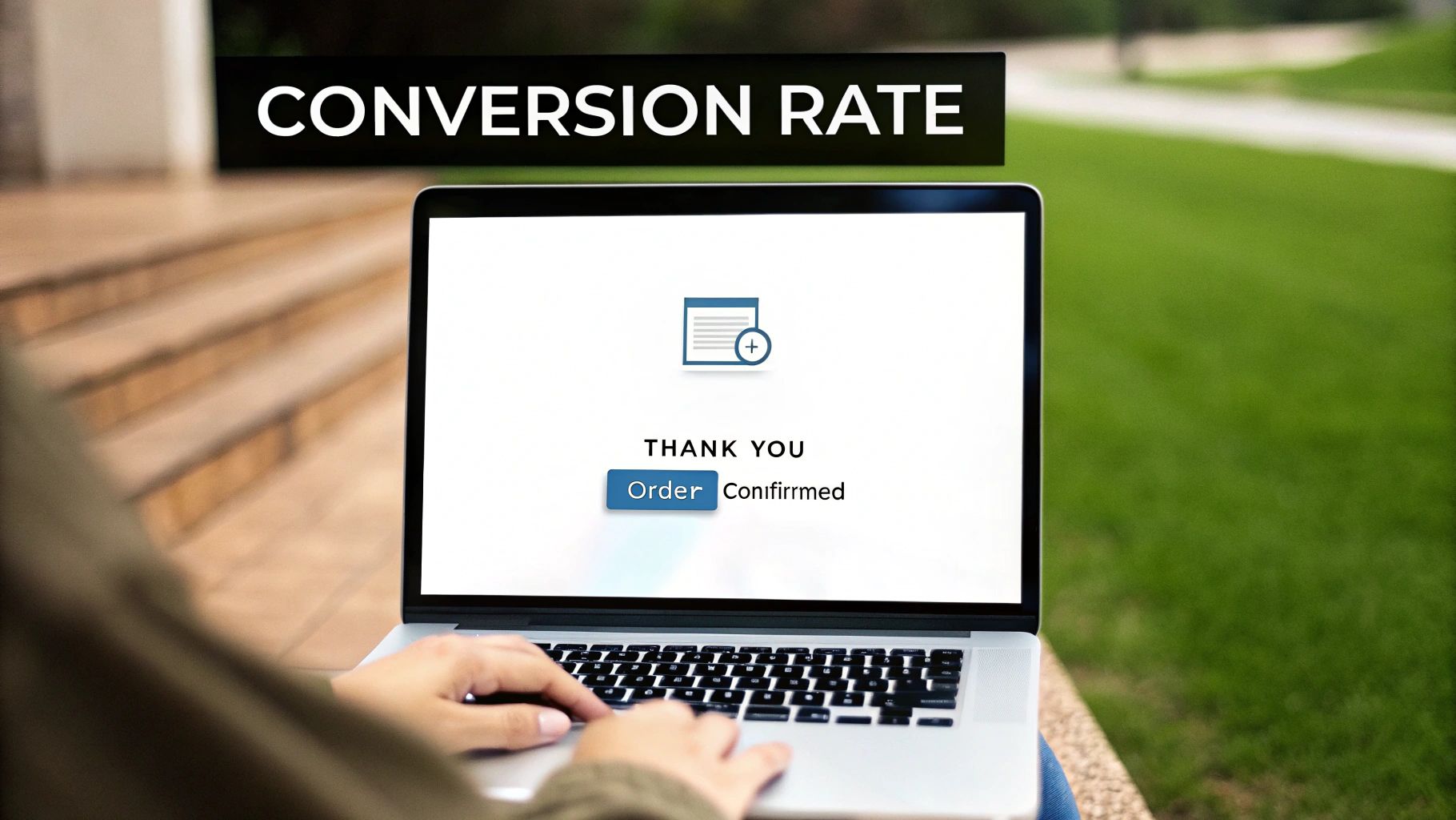 Person viewing a laptop screen showing 'THANK YOU Order Confirmed' and 'CONVERSION RATE' text.