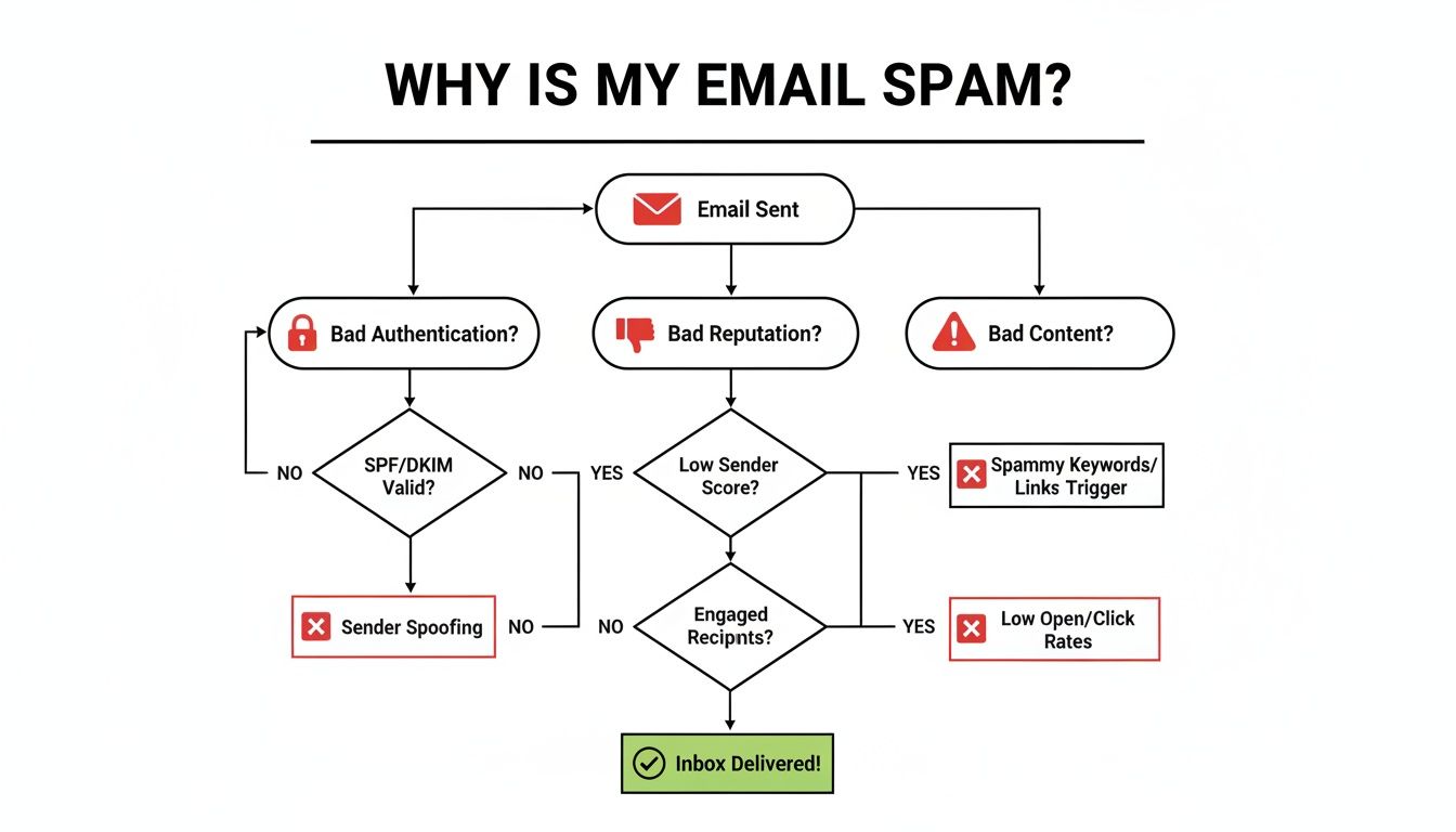 Flowchart illustrating reasons why an email might be marked as spam due to authentication, reputation, or content.