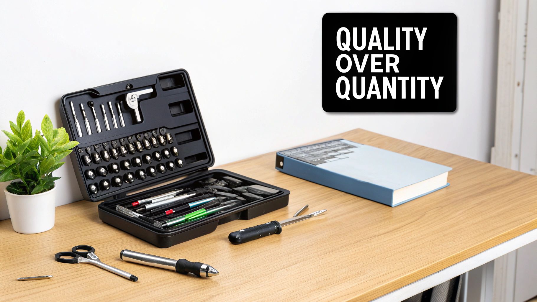 An open screwdriver tool kit on a wooden desk with a plant, book, and scattered tools, next to a 'QUALITY OVER QUANTITY' sign.