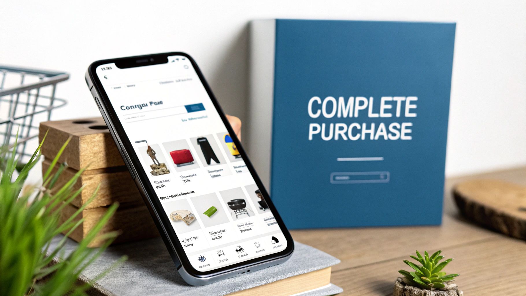 A smartphone displaying an e-commerce app, next to a blue book titled 'COMPLETE PURCHASE' on a wooden table.