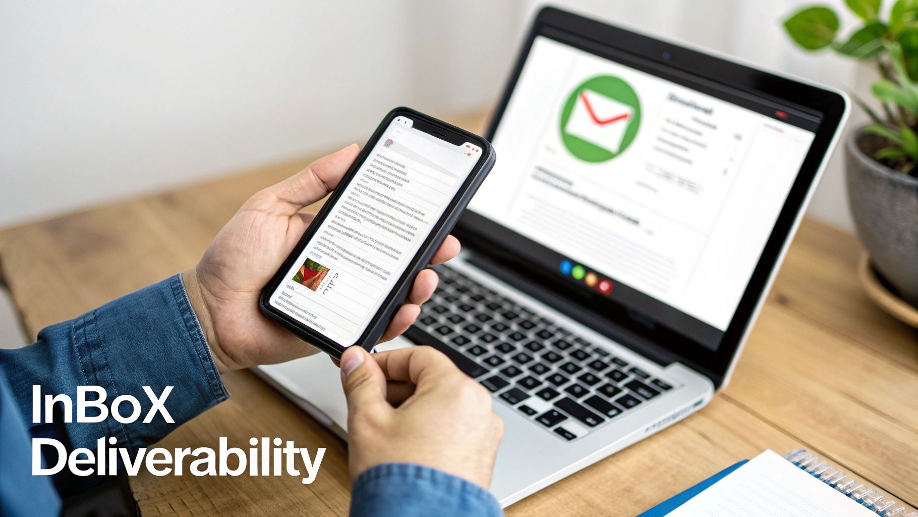 A person uses a smartphone to check email deliverability, with a laptop showing email reports in the background.