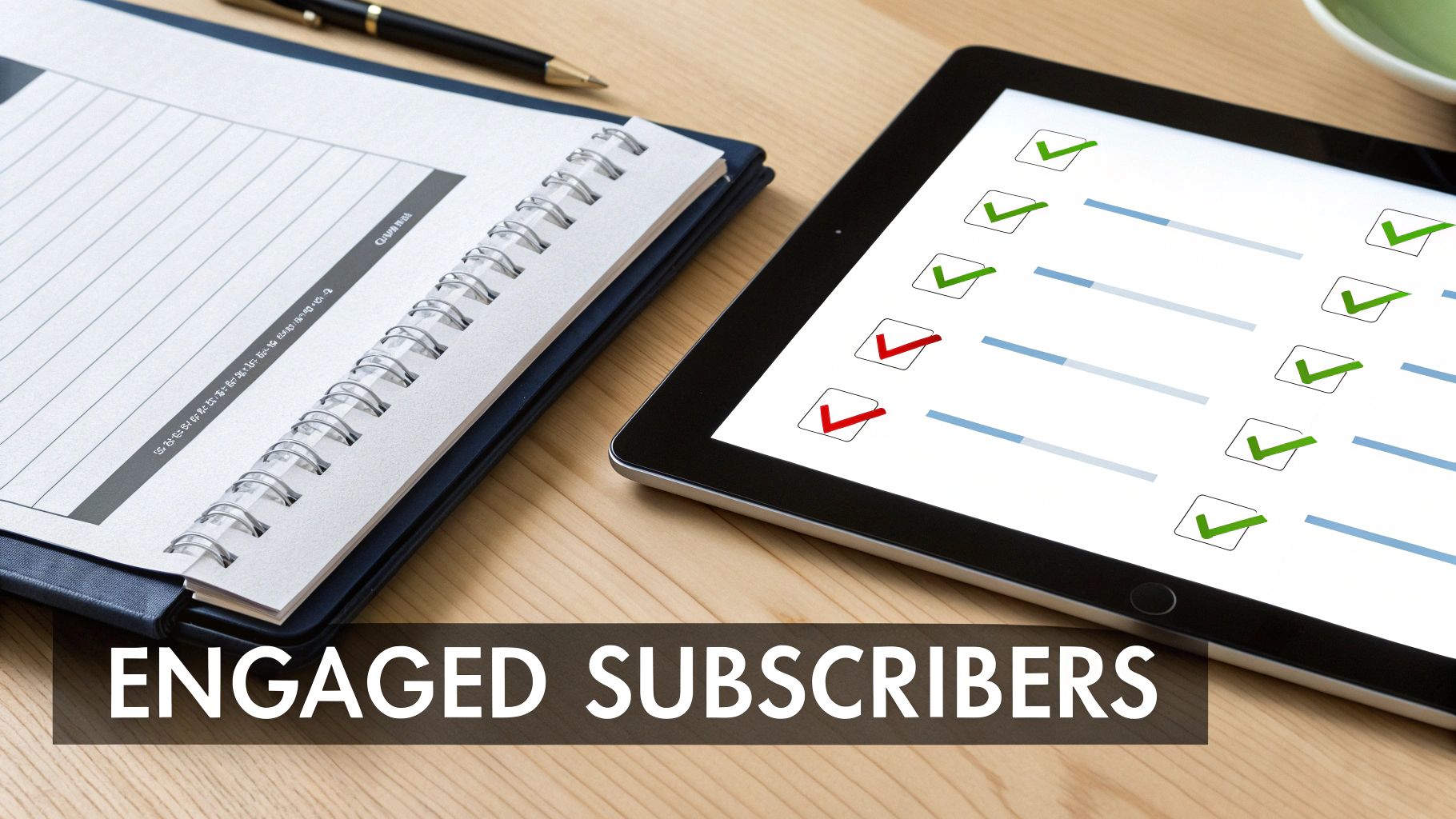 A tablet with a digital checklist showing progress and checkmarks, next to a notebook, representing engaged subscribers.