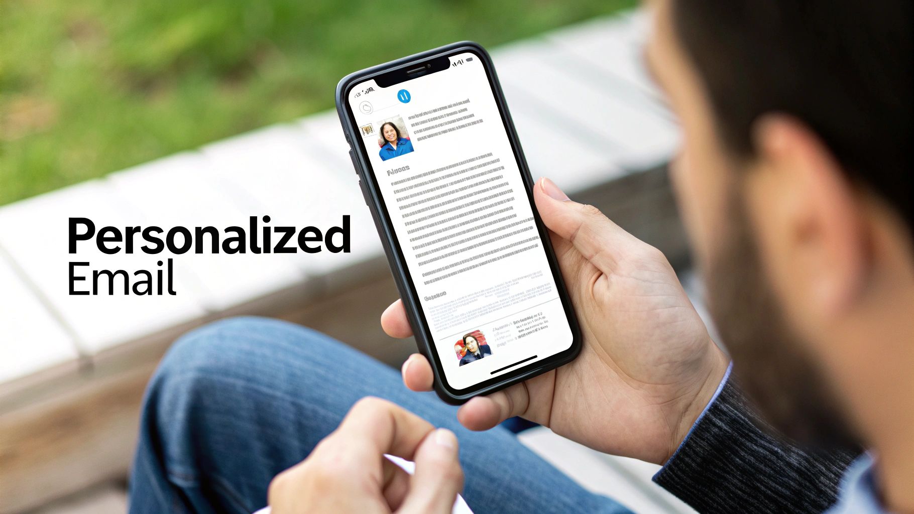 Person holding smartphone reading personalized email message on mobile device outdoors