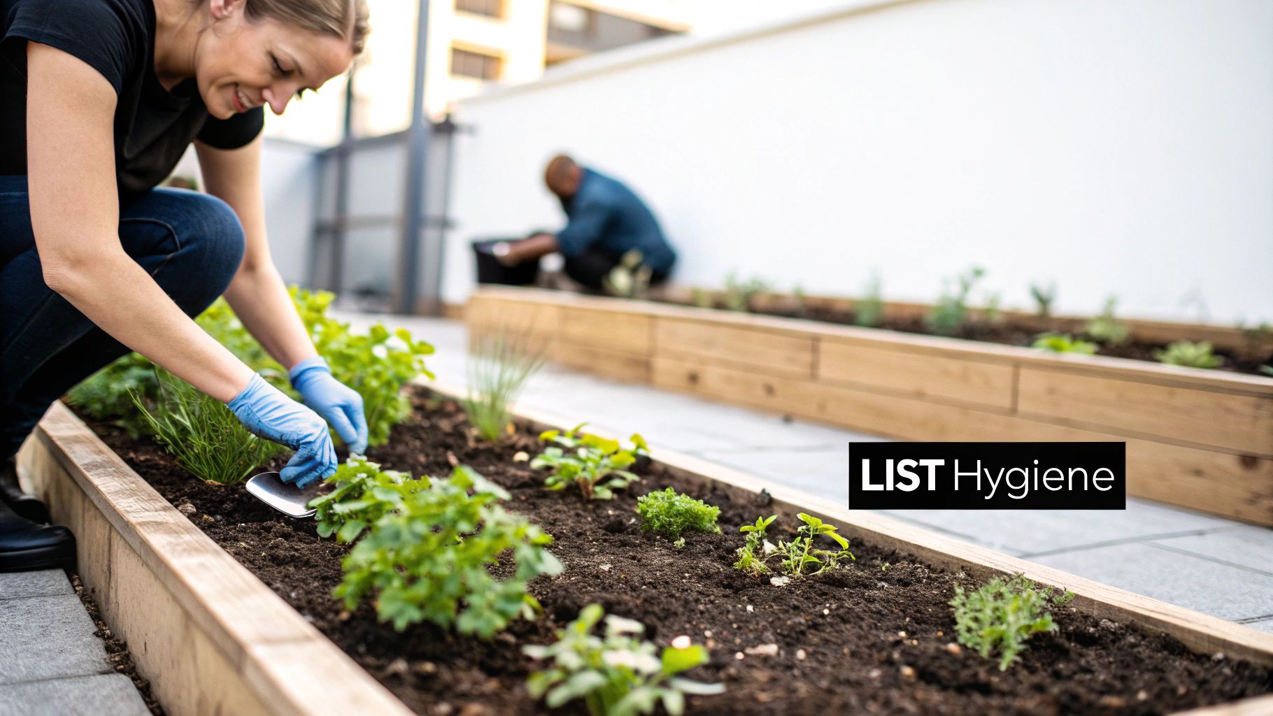 A smiling woman in blue gloves plants herbs in a raised garden bed on a rooftop.