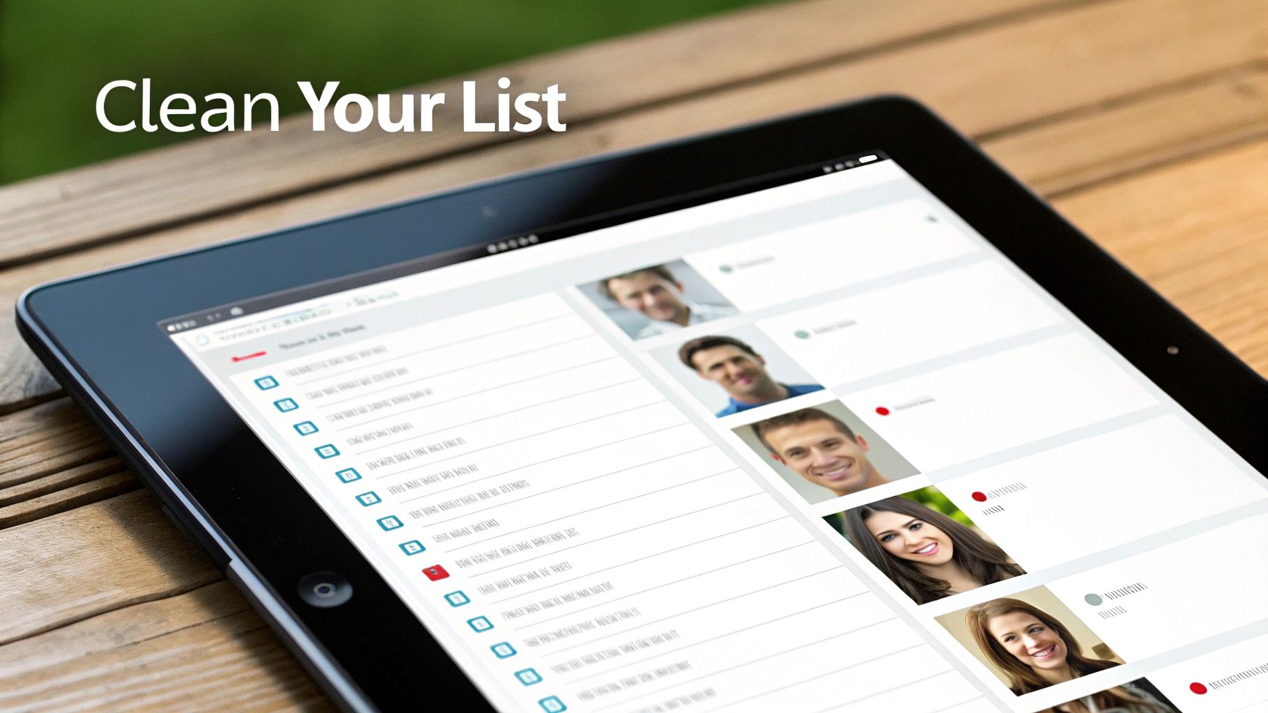 A tablet displaying a digital list of contacts with checkboxes and profile pictures, overlaid with "Clean Your List".