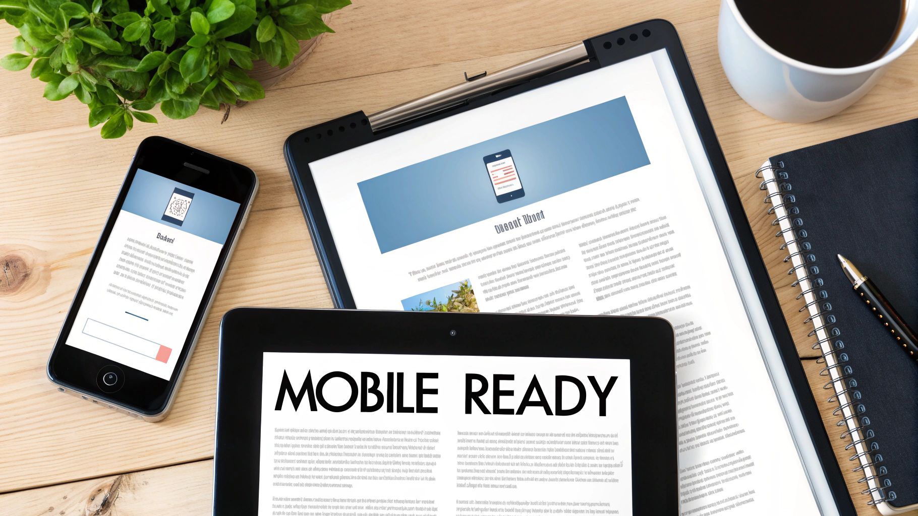 Multiple mobile devices displaying responsive web design on wooden desk with coffee and notebook