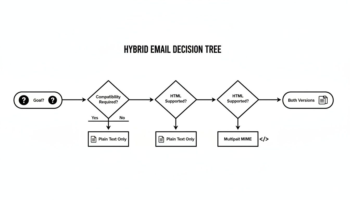 Decision tree for hybrid email, guiding choices between plain text, HTML, or both versions based on compatibility.