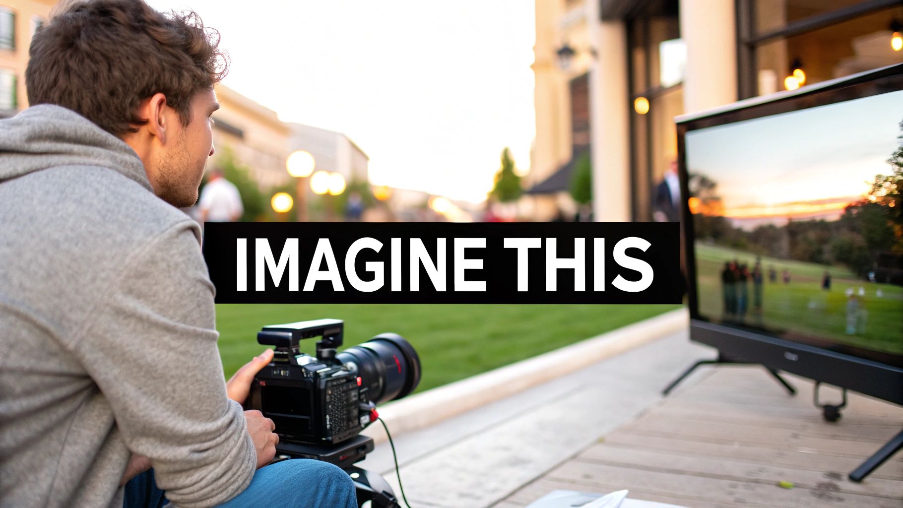 A man films with a professional video camera outdoors, viewing a sunset scene on a monitor.
