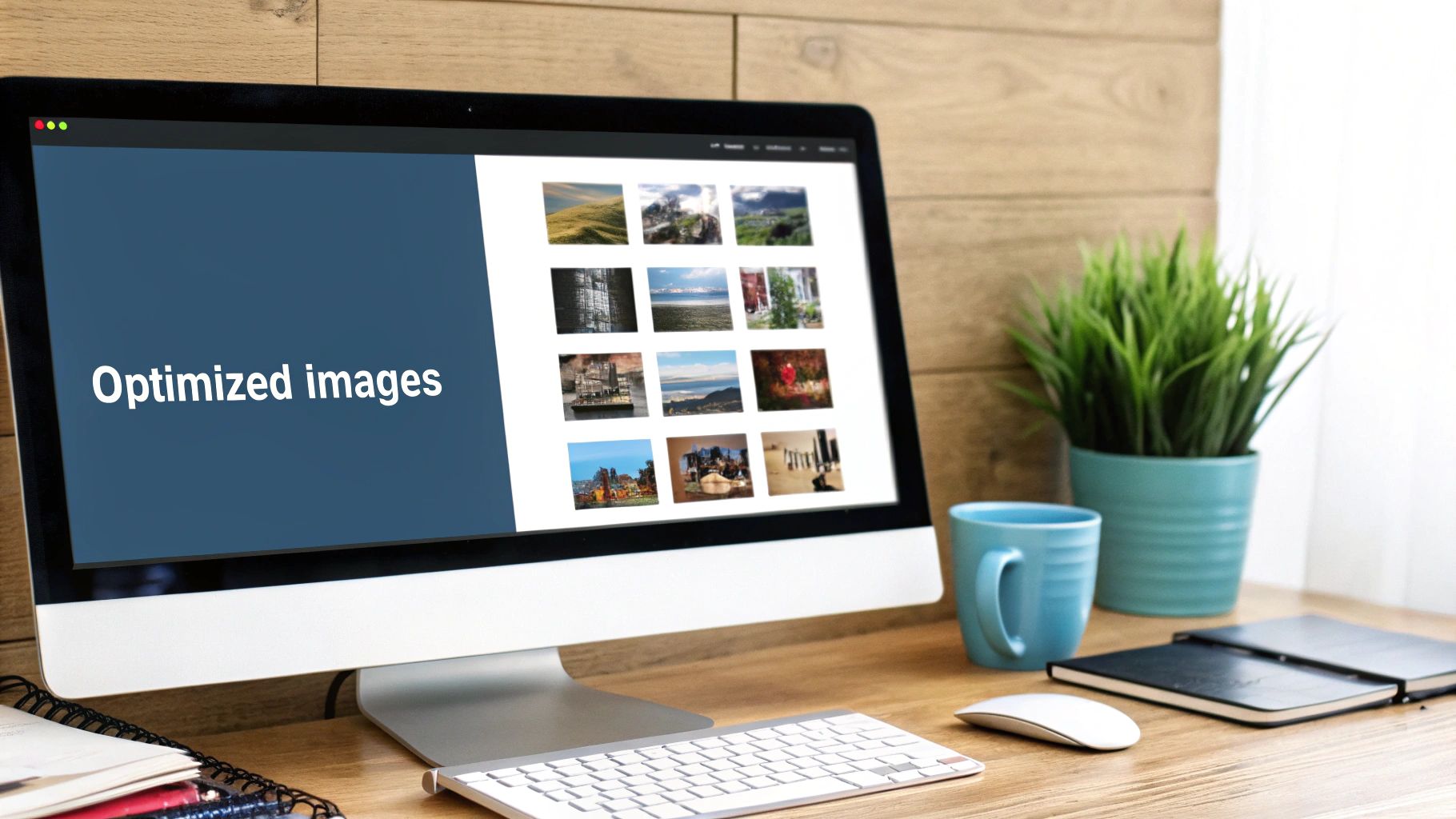 Modern computer screen displaying an 'Optimized images' page with thumbnails on a wooden office desk.