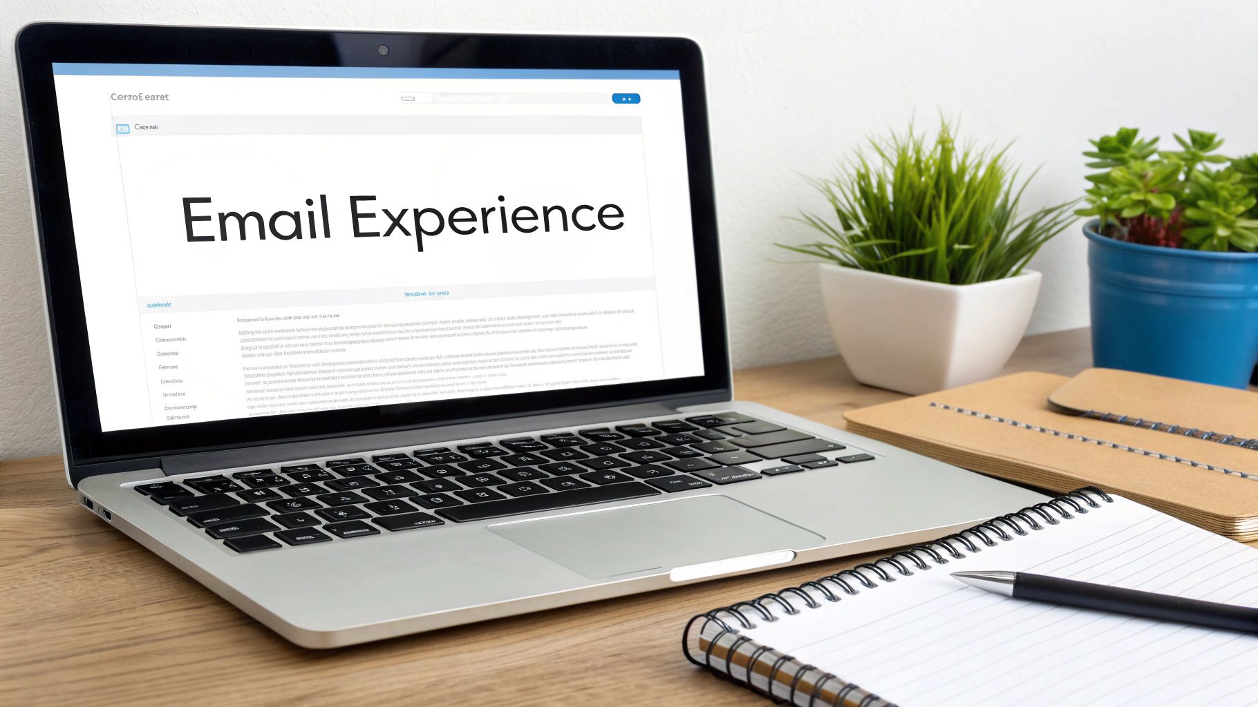 A laptop displaying 'Email Experience' on a screen, next to a pen, notepad, and potted plants on a wooden desk.