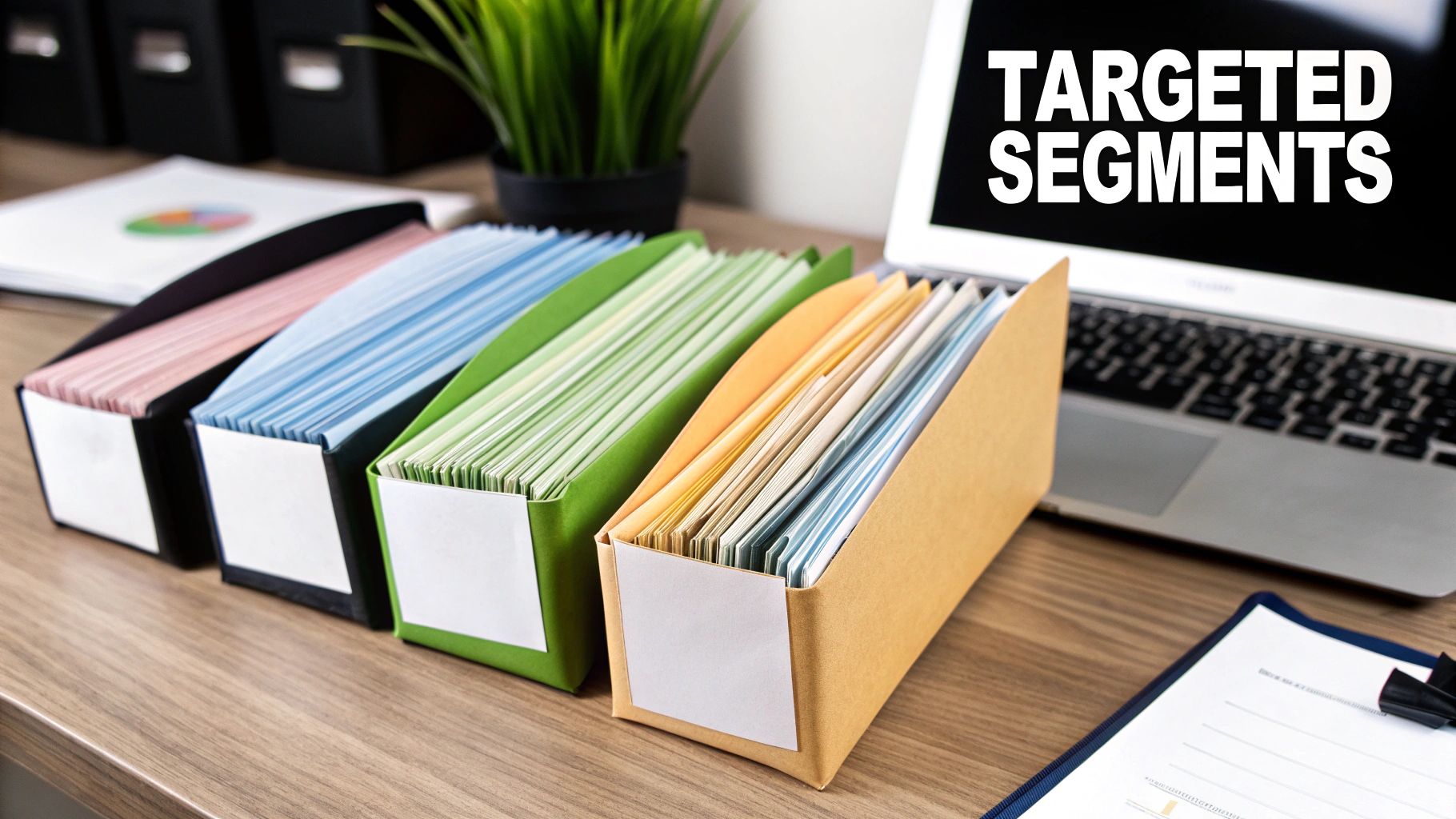 Four colorful accordion file folders on a desk with a laptop displaying 'TARGETED SEGMENTS'.