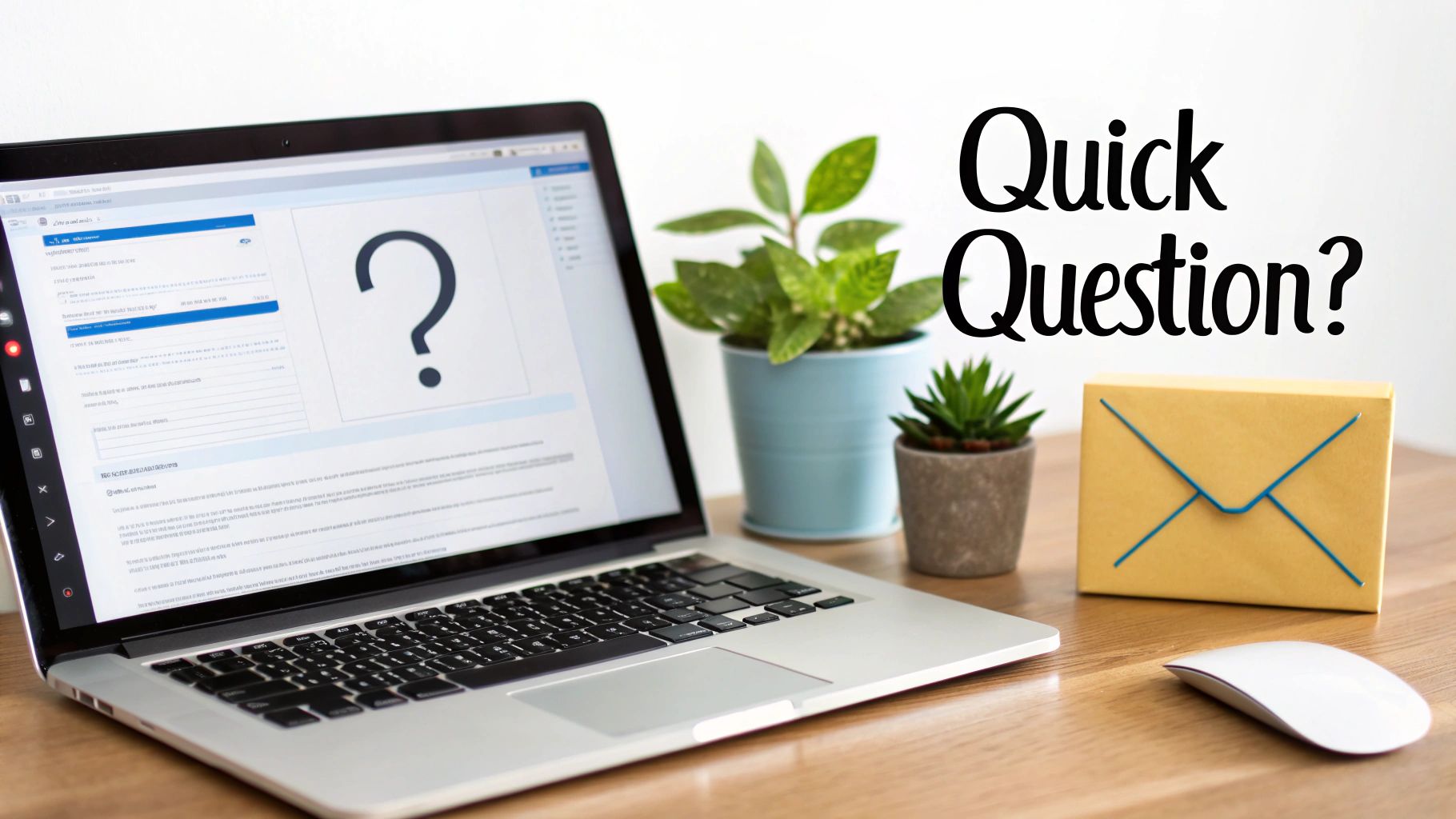 A desk with a laptop displaying a question mark, two plants, an envelope, and a mouse, asking 'Quick Question?'