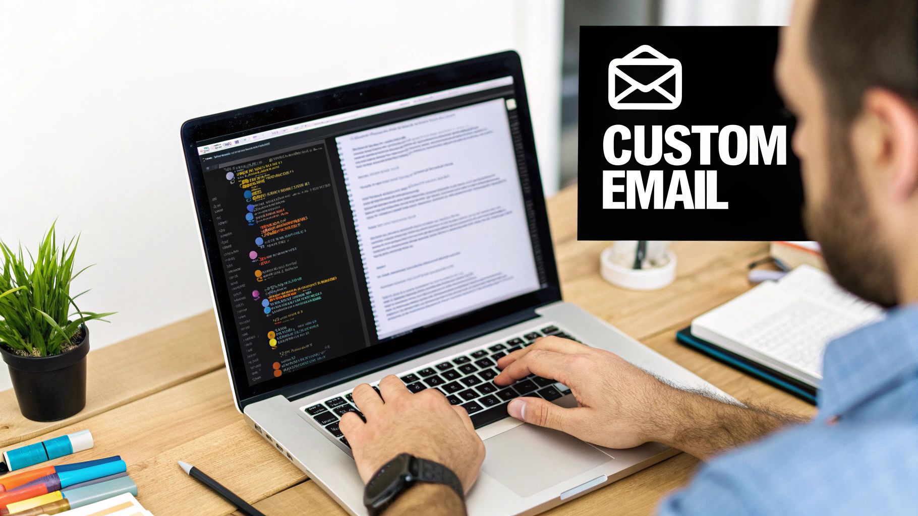 Person typing on a laptop, developing a custom email template with code and text on screen.