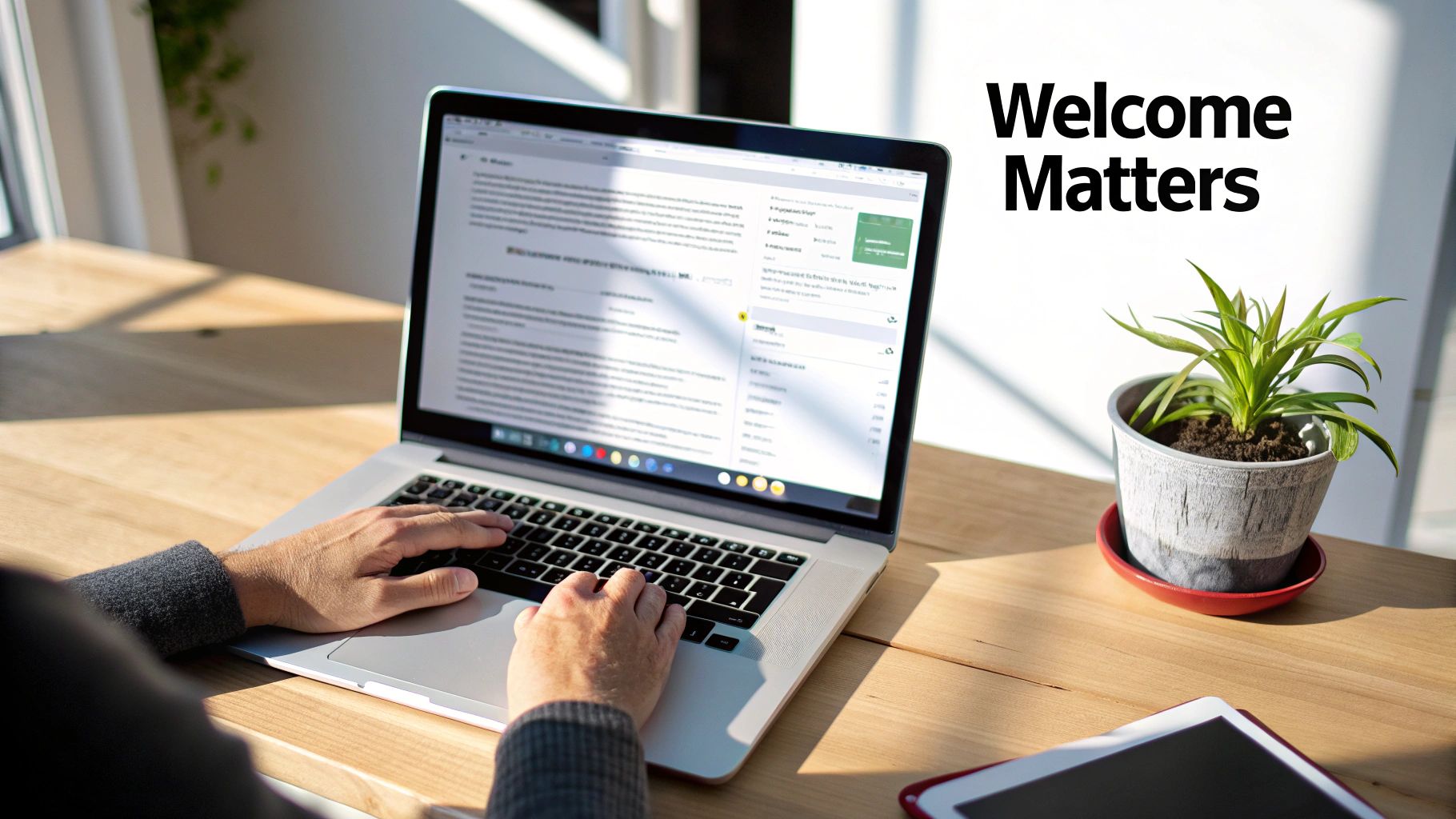 A person typing on a laptop at a bright wooden desk, with a potted plant and 'Welcome Matters' text.