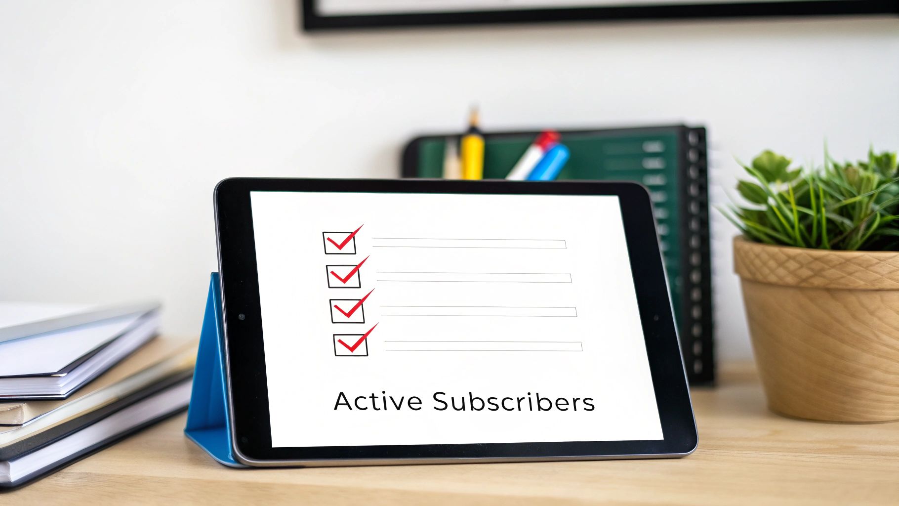 A tablet displays a checklist titled 'Active Subscribers' with red checkmarks, indicating successful email deliverability.