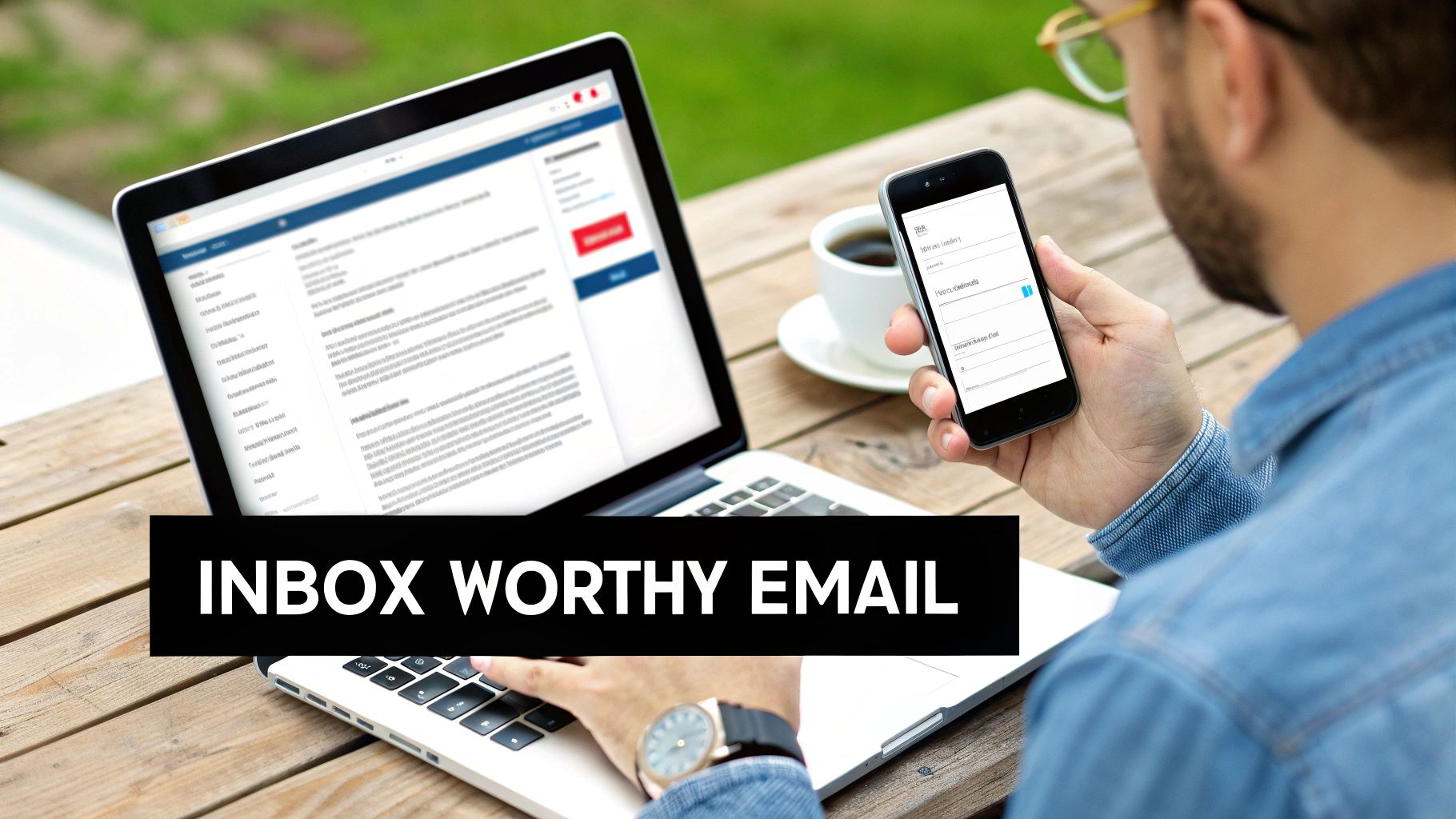 A man working on a laptop and checking his smartphone outdoors, emphasizing 'Inbox Worthy Email'.