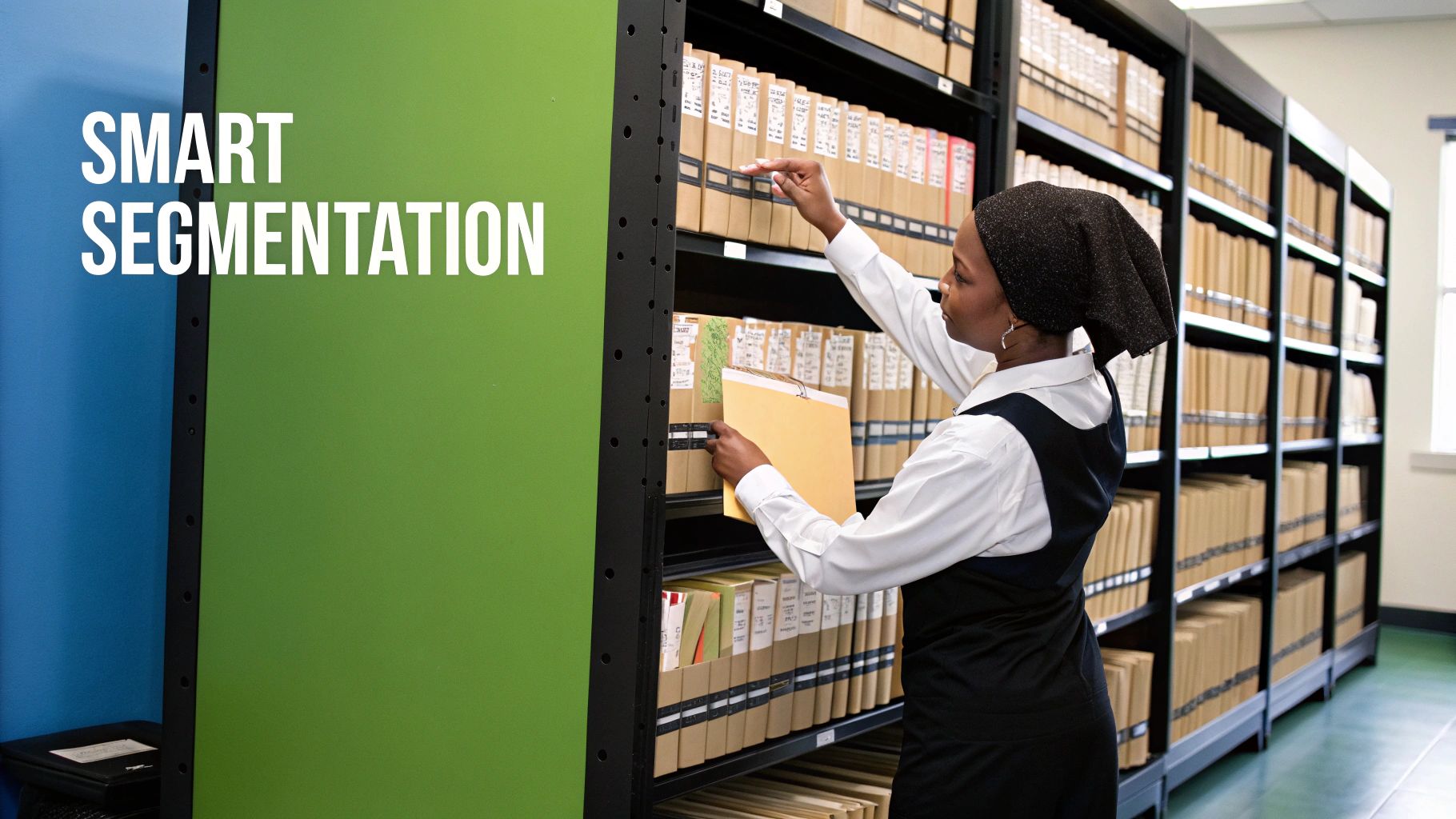 A woman in an archive carefully organizing and retrieving files from tall shelves.