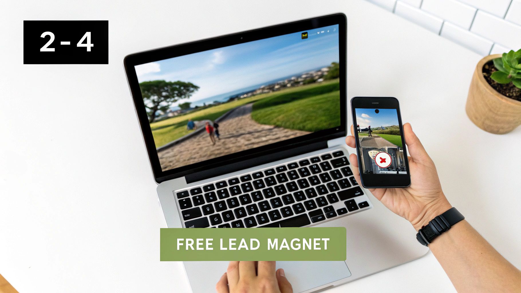 Hands on a laptop and holding a smartphone, both displaying scenic outdoor paths, with 'FREE LEAD MAGNET' text.