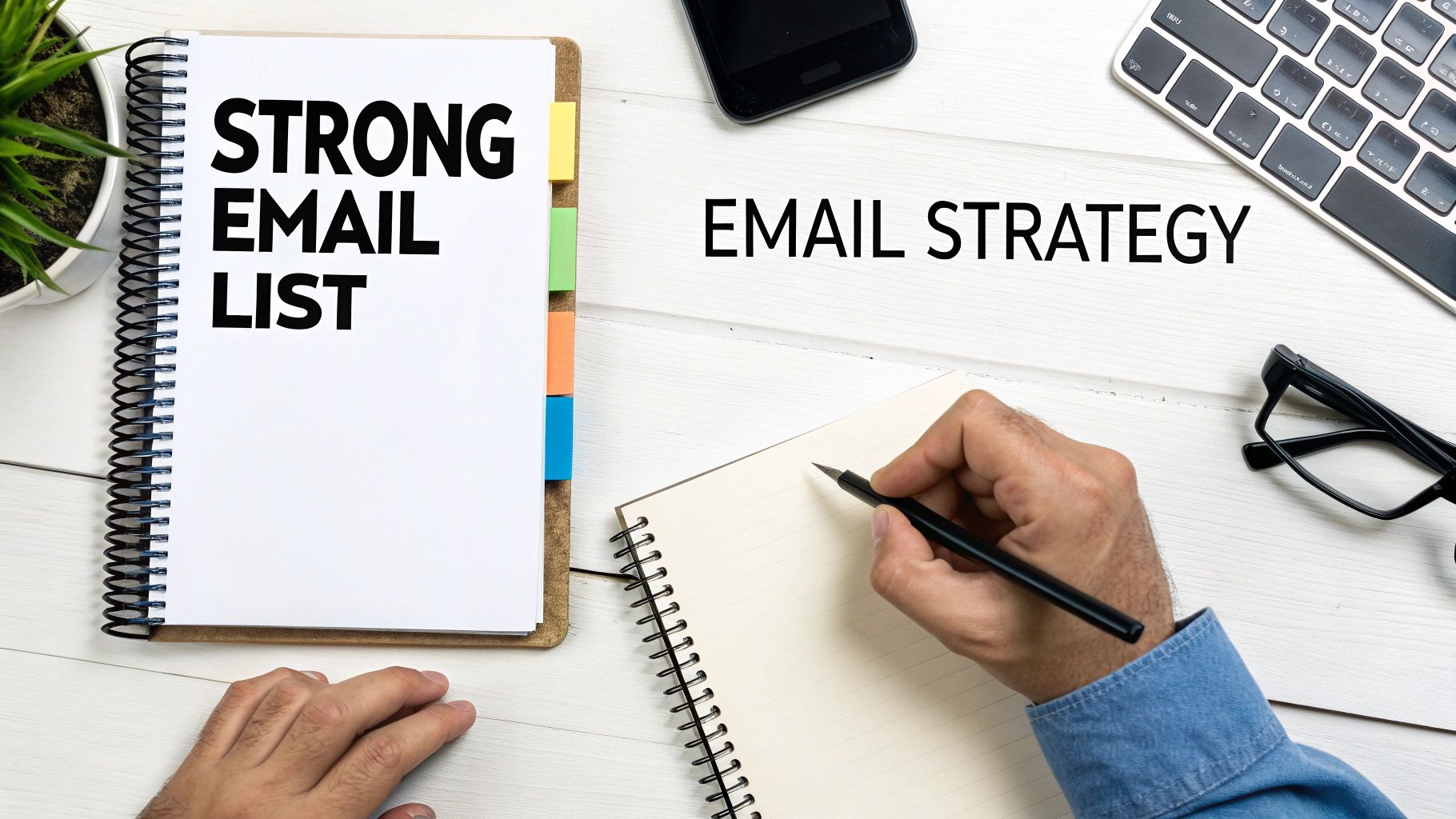 A person writing in a notebook on a desk with 'STRONG EMAIL LIST' and 'EMAIL STRATEGY' text.