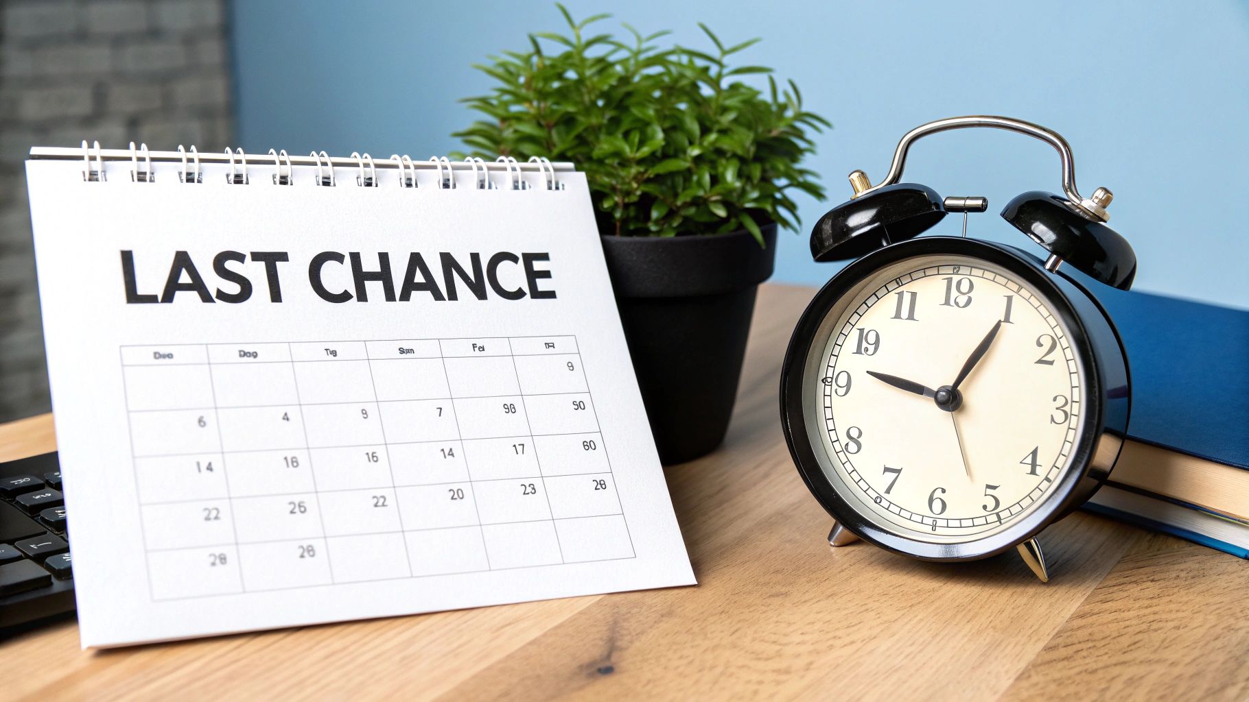 A desk with a calendar showing 'LAST CHANCE' text next to an alarm clock, symbolizing an urgent deadline.