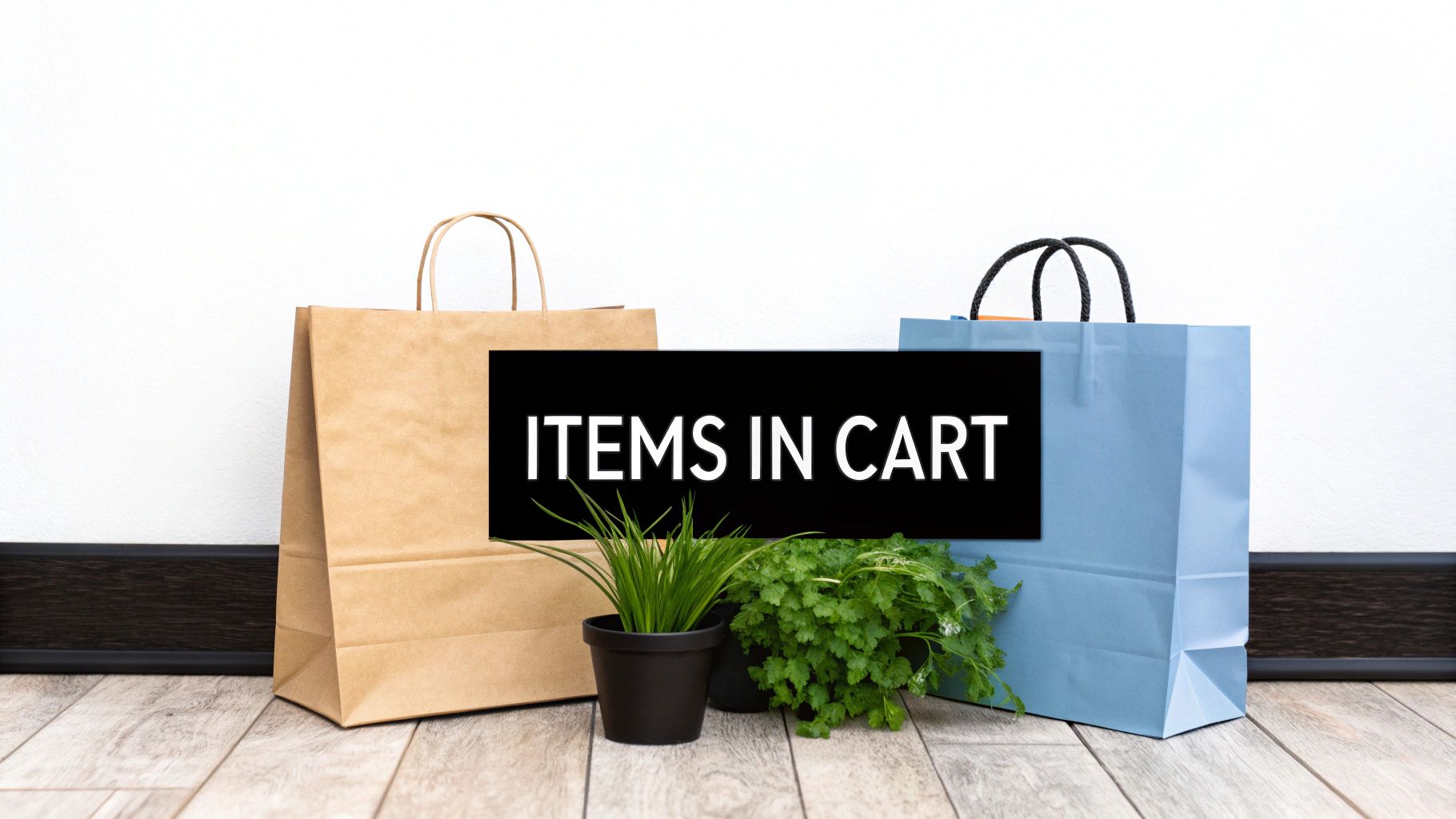Two shopping bags, one brown and one blue, with potted plants and a banner displaying 'ITEMS IN CART' on a wooden floor.