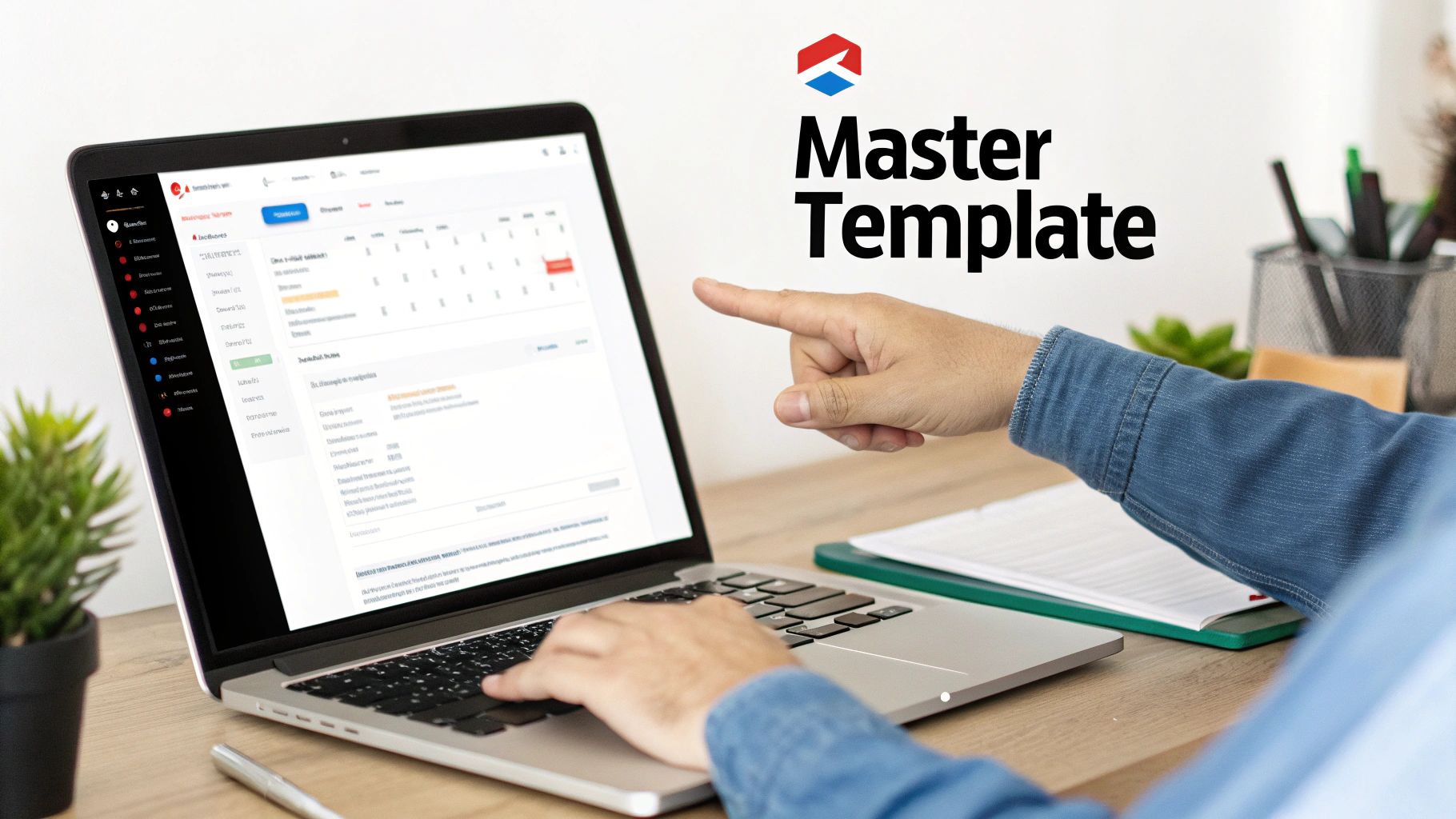 Person's hands working on a laptop displaying a 'Master Template' application, pointing at the screen.