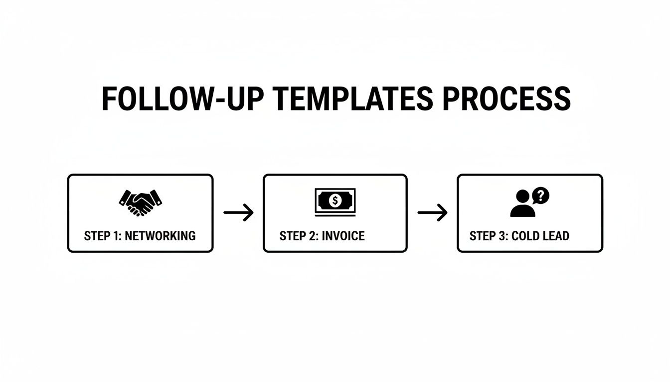 A flowchart detailing the follow-up templates process, including networking, invoice, and cold lead steps.
