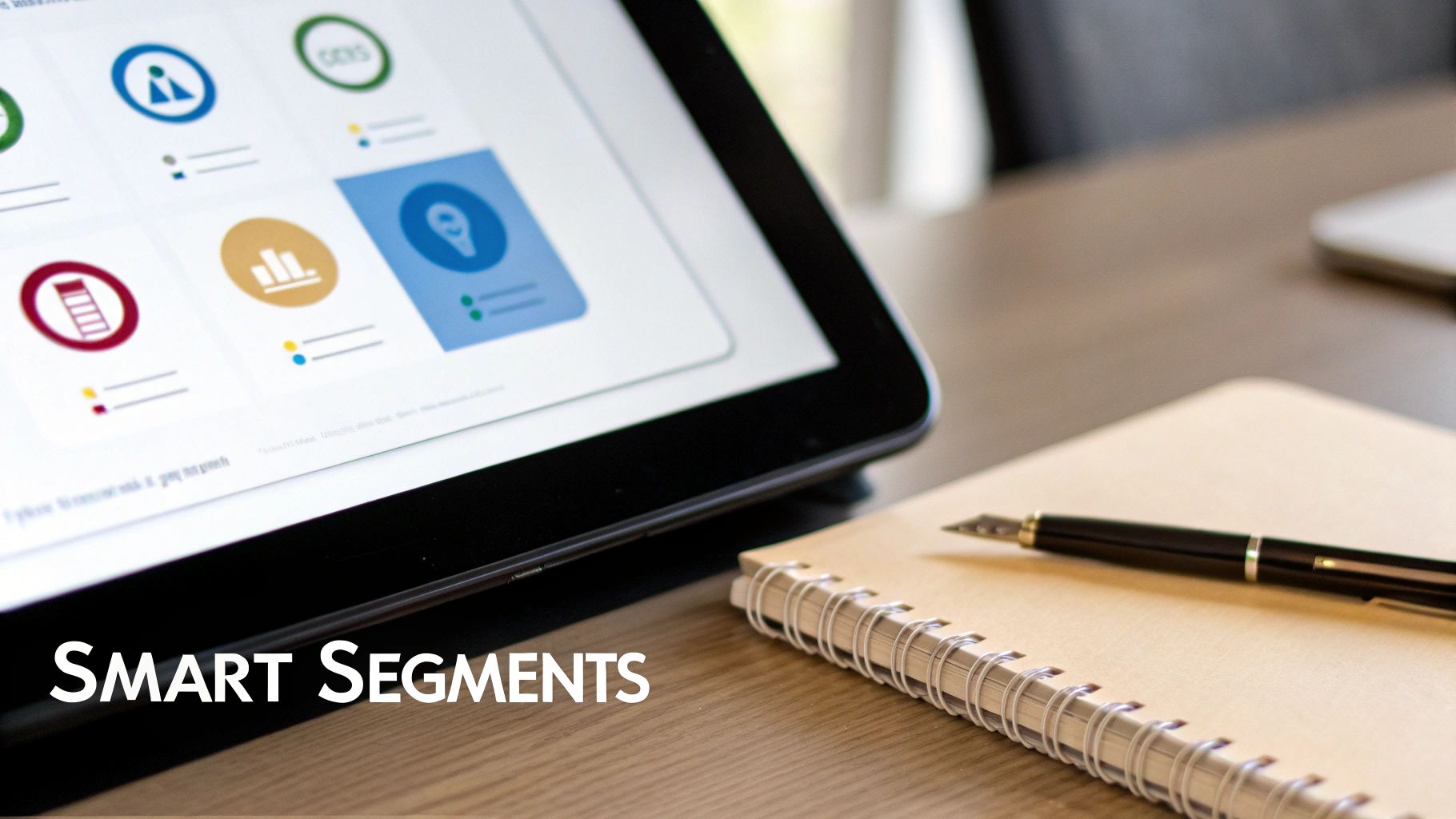 A tablet displaying 'Smart Segments' with data icons, alongside a notebook and pen.